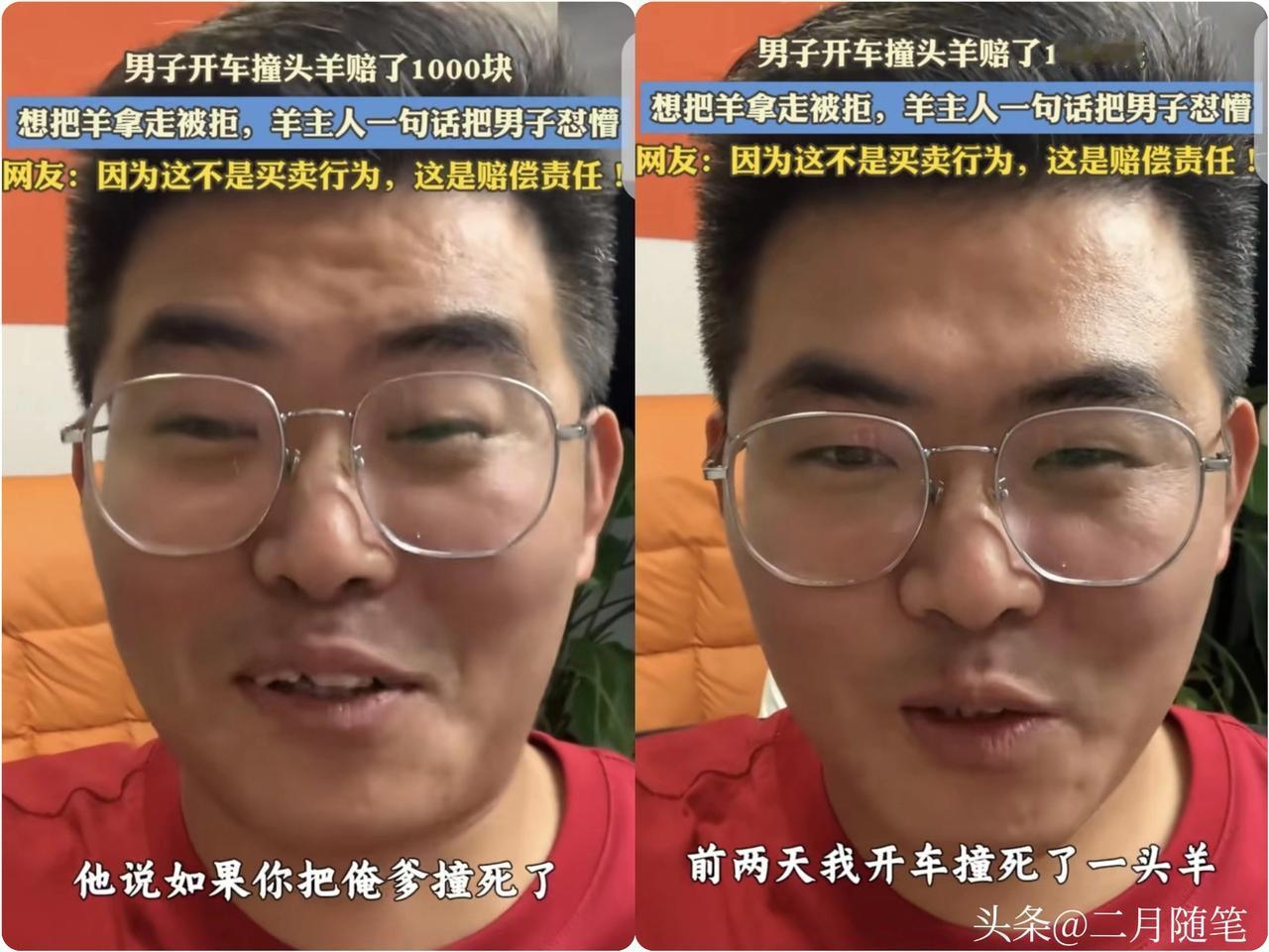 “破防了！”
一男子开车，撞死一只头羊，赔了牧民1000元，他想把死羊拿走，
牧