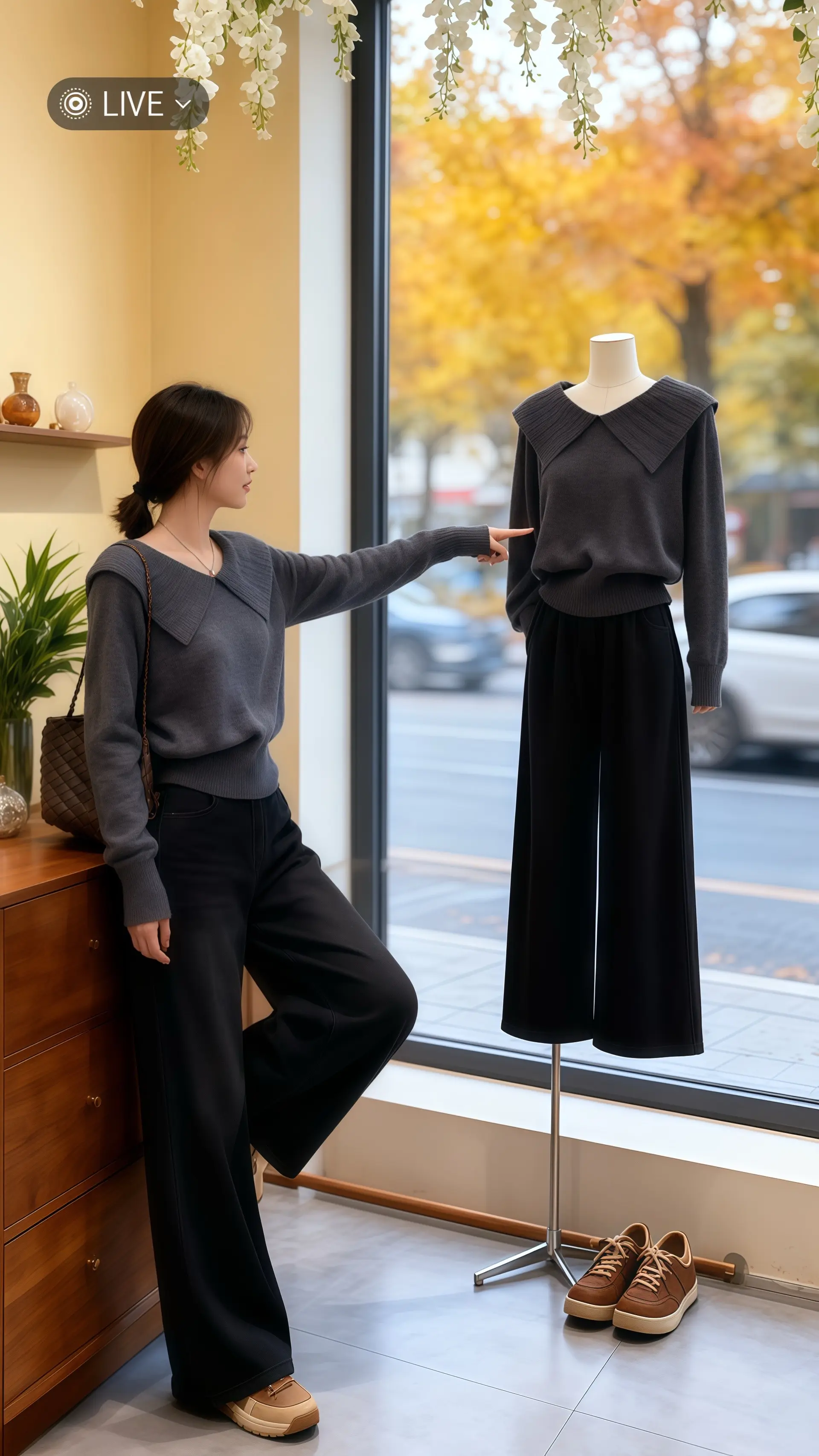 她穿着韩系显瘦翻领针织毛衣，深灰色的质感在暖光里晕出温柔轮廓。领口的编...