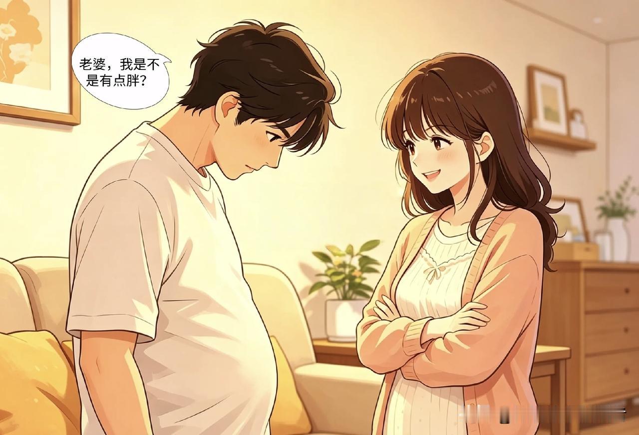 趣味漫画：老公看着自己的大肚腩说要减肥。老公：老婆我决定了，从明天开始减肥!老婆
