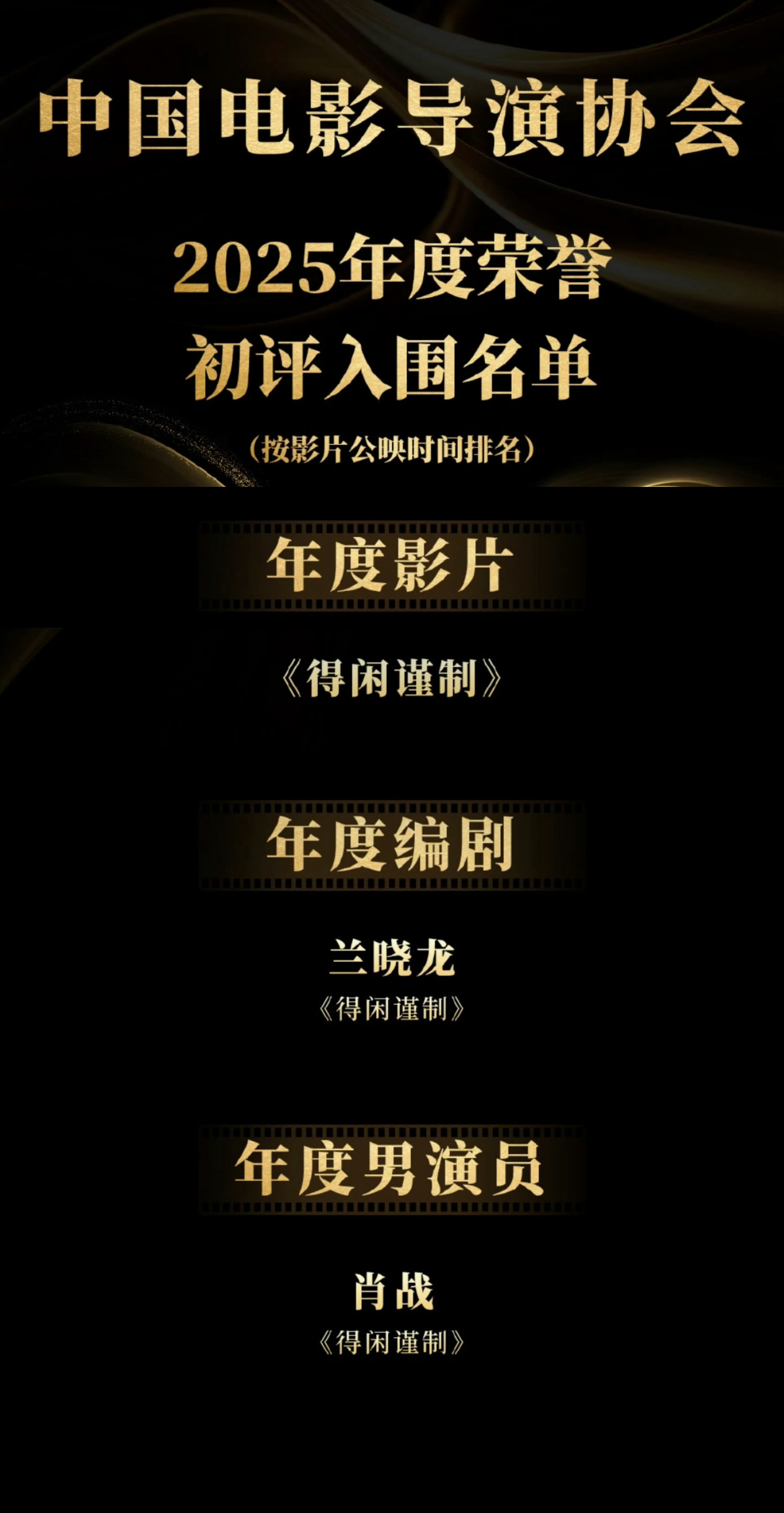 导协2025年度荣誉初评入围名单揭晓：得闲谨制入围年度影片，兰晓龙入围年度编剧，