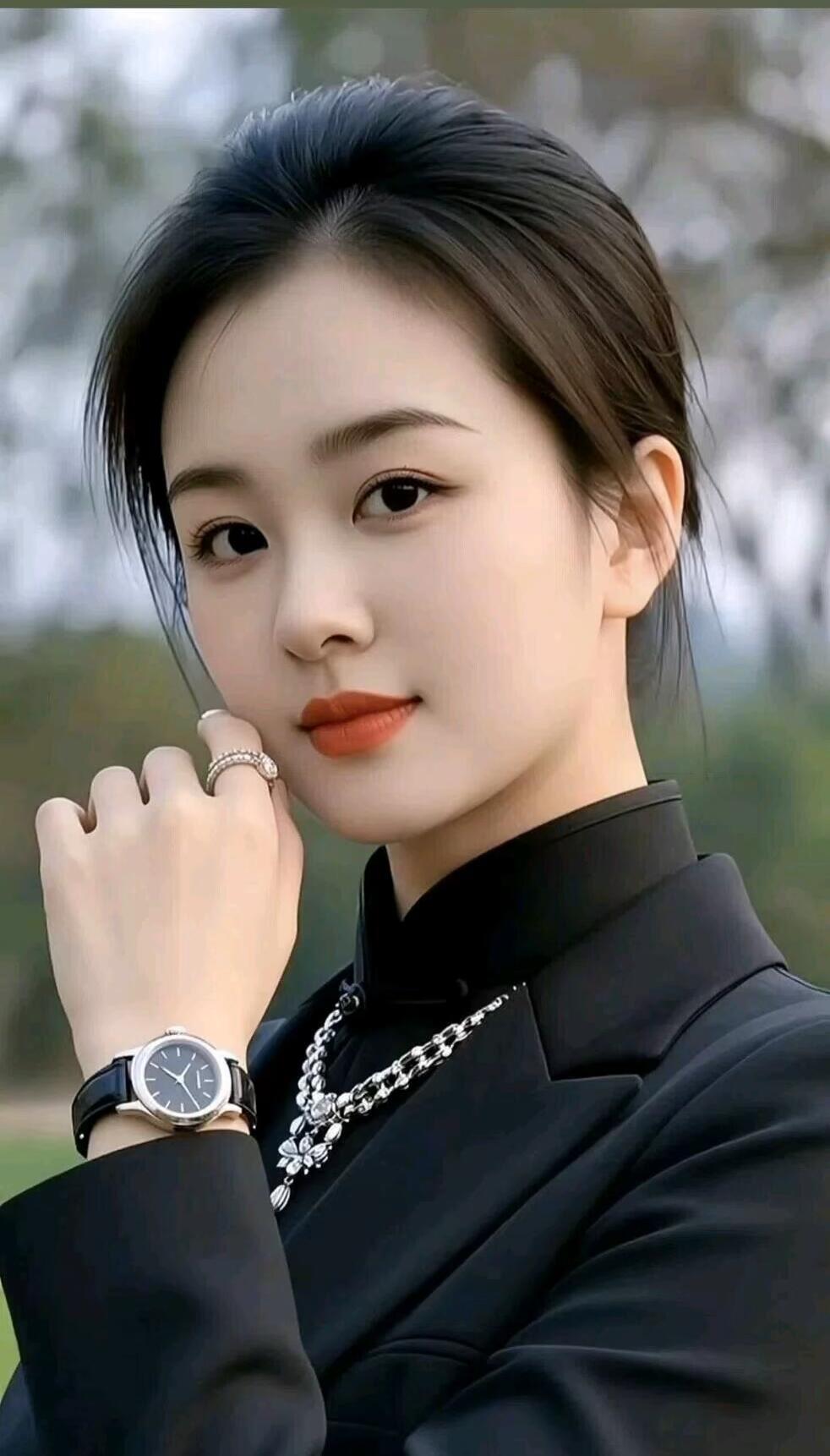 优雅黑衣女子，复古手表与项链相得益彰，尽显时尚魅力。