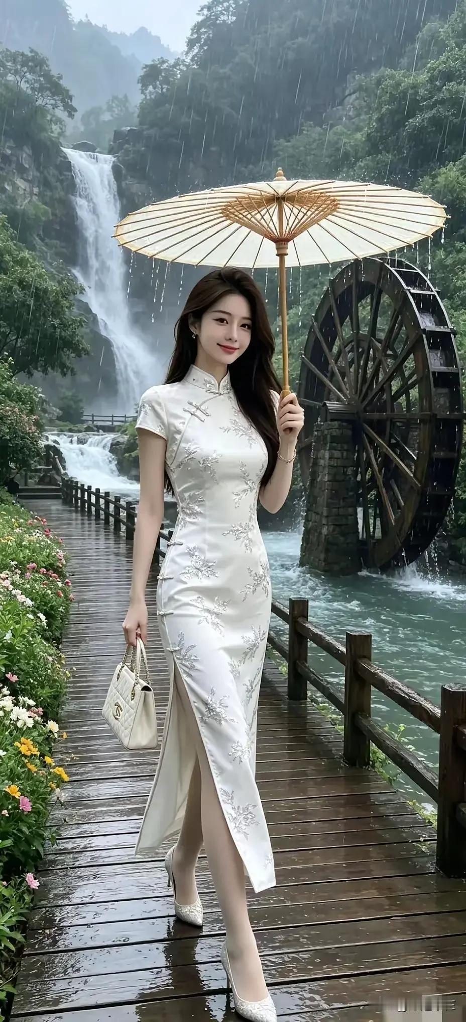 瀑布飞流，鲜花盛开。木栈道美女冒雨观美景。