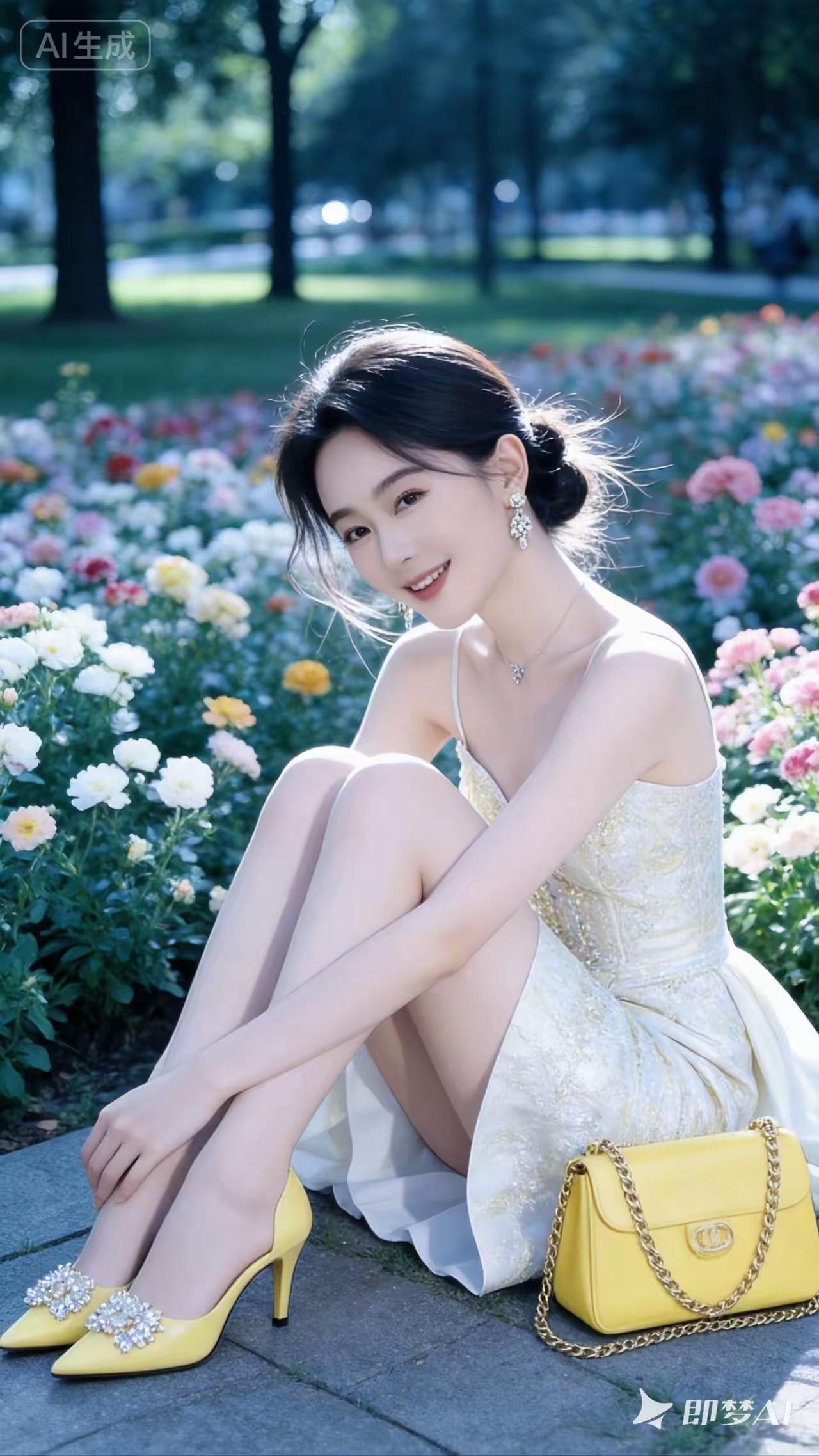 花海里的温柔邂逅，黄裙配钻鞋，笑容比阳光还耀眼，心动值直接拉满！