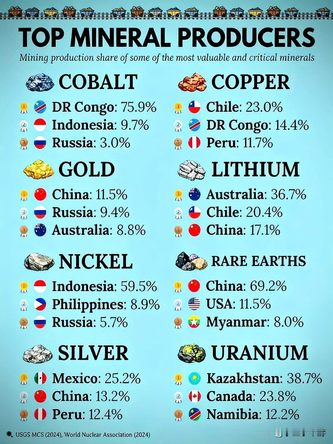全球主要矿产生产国（高价值/关键矿产开采份额）
 
1. 钴
 
- 最大生产国