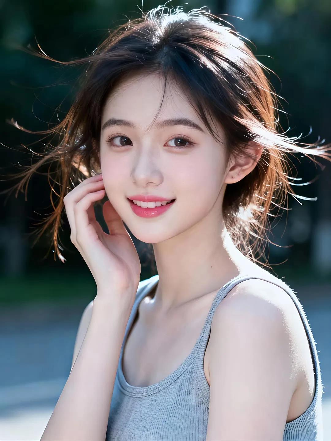 阳光下的少女，微风轻拂发梢，甜美笑容，青春洋溢。