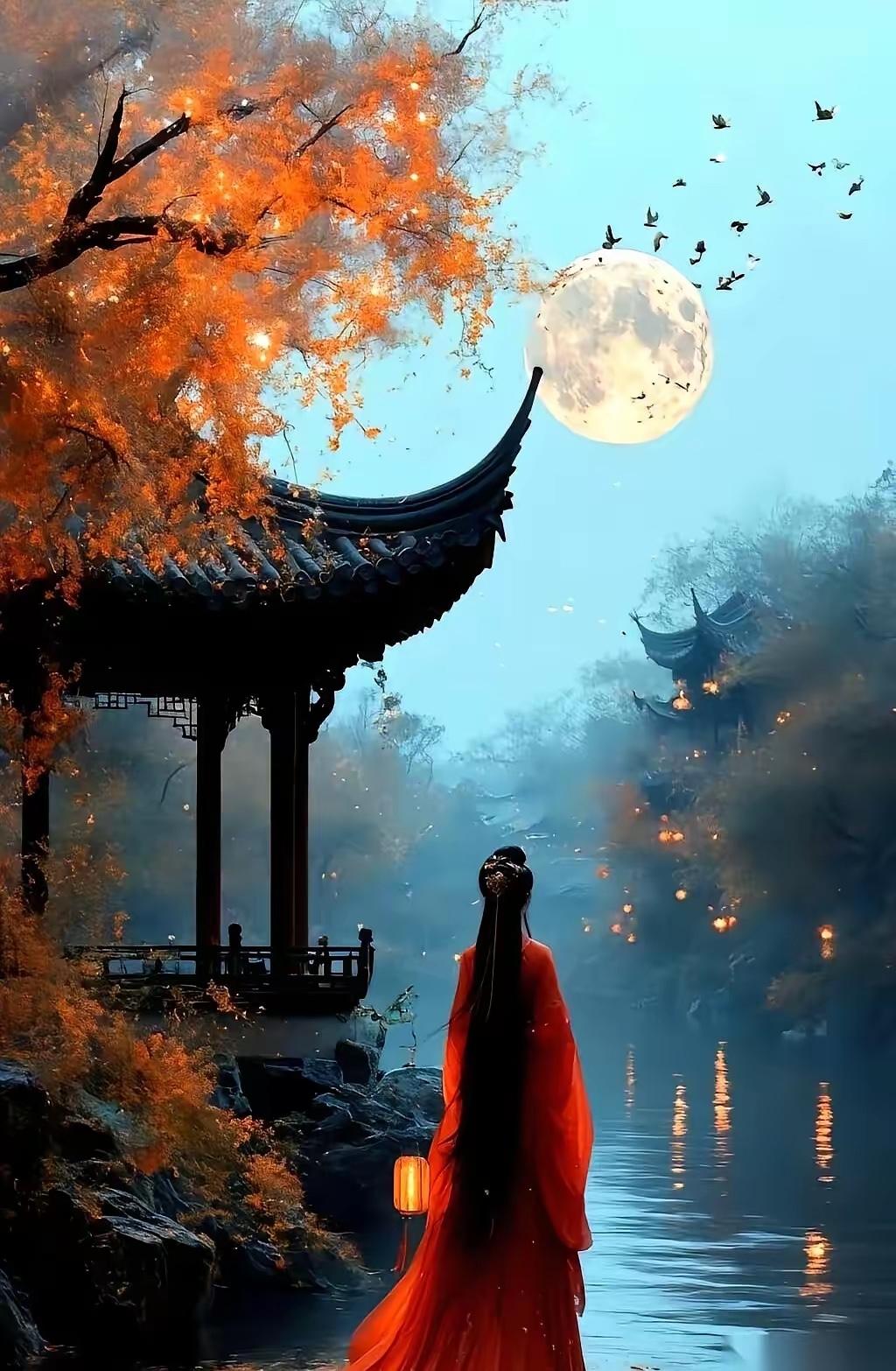 月光下的古风美人，静谧如画，唯美如梦。