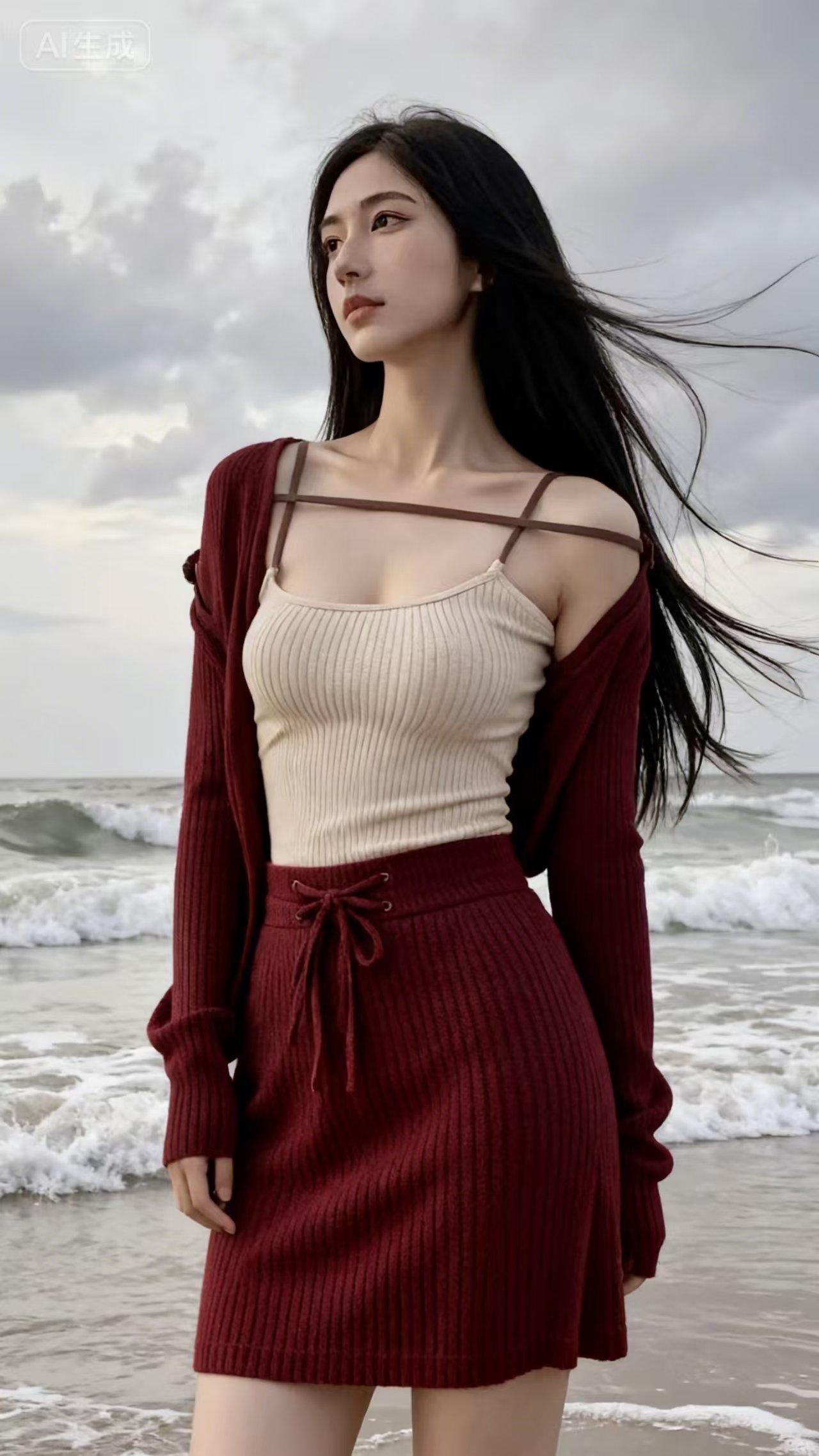 美人望海
 
白浪卷雾接高天，远岸云低暮色悬。
素袂临风秀发乱，红衫映浪翠涛连。
