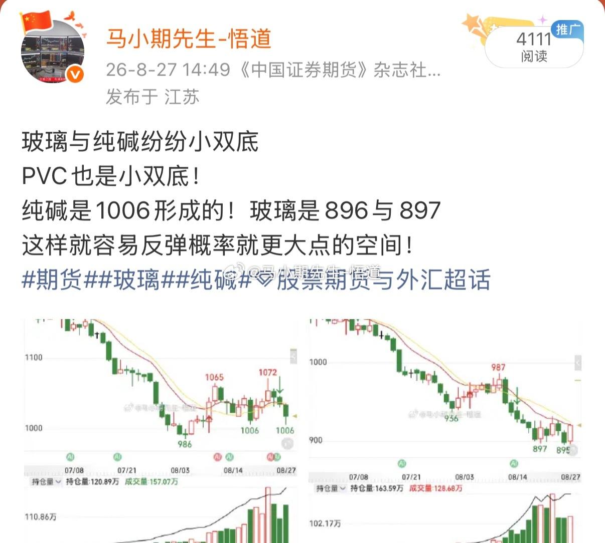 8.27号就提前分享：三剑客pVC，玻璃，纯碱，全部是小双底，则迎来更达空间反弹