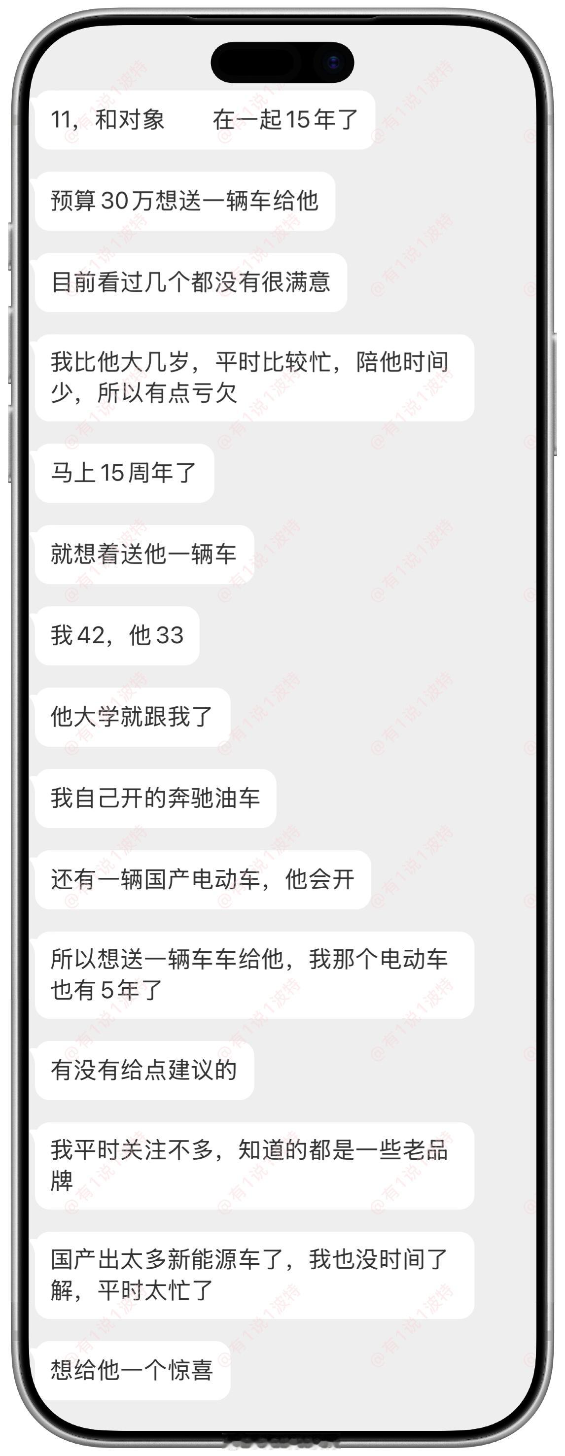 我在微博当bot 和对象在一起15年了，想送他车？？？情感树洞