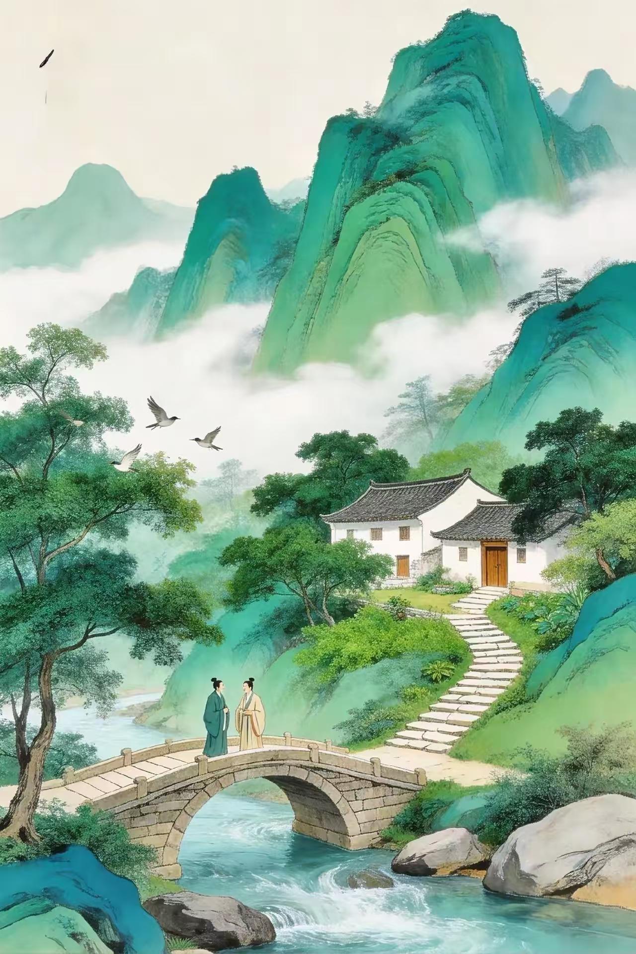 捣练子·溪桥遇友
山叠翠，水萦烟，
溪桥故友话桑田。
松风里，共忘年，
笑看世事