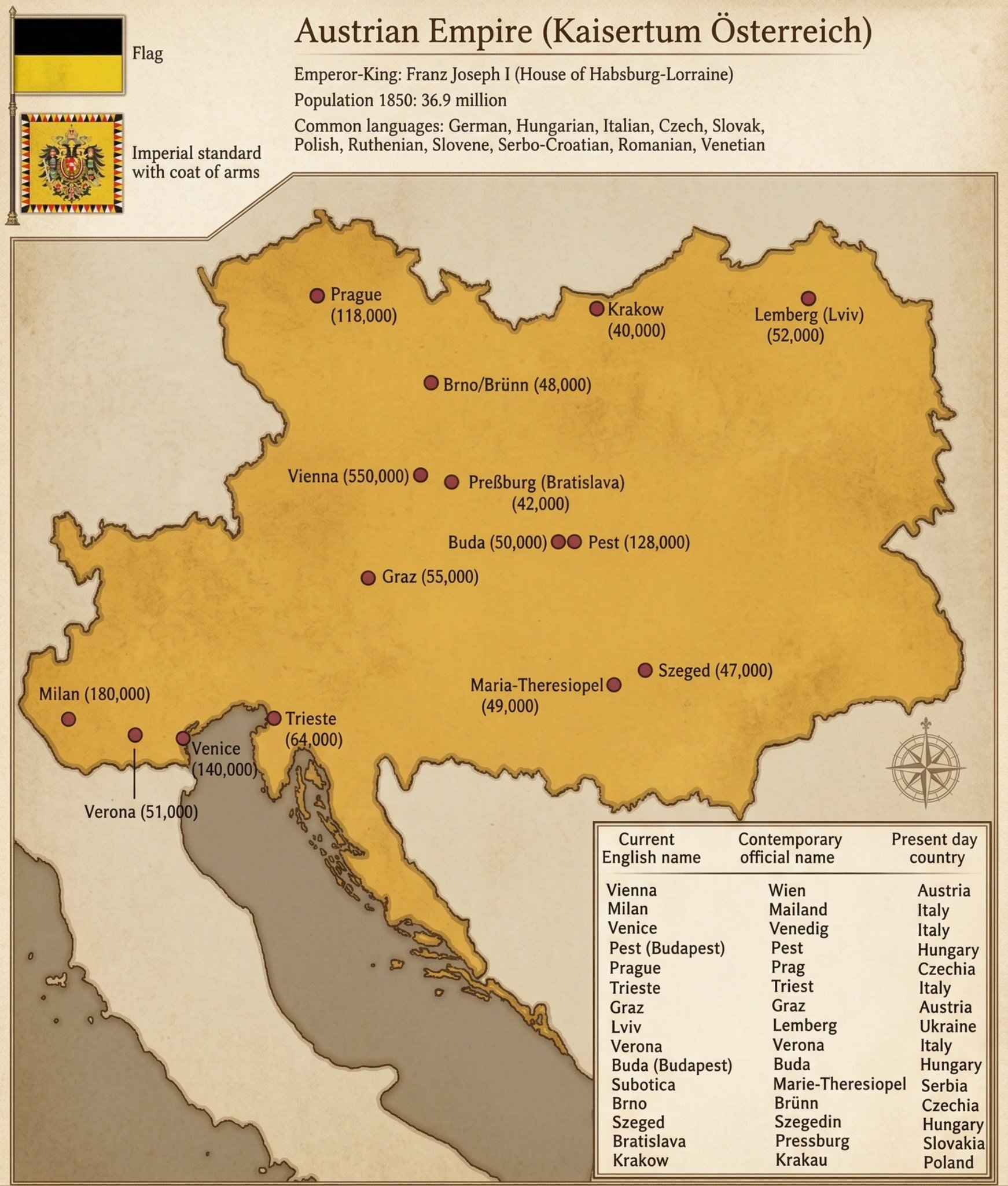 1850年 奥匈帝国的一些大城市当时布达佩斯还不是一个城市，分为多瑙河西岸的Bu