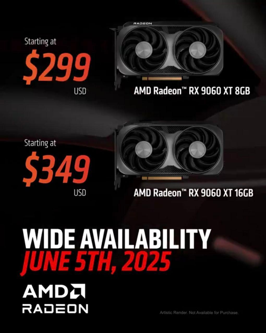 AMD宣布RX 9060 XT 8/16GB 售价为300/350美元，6月5号