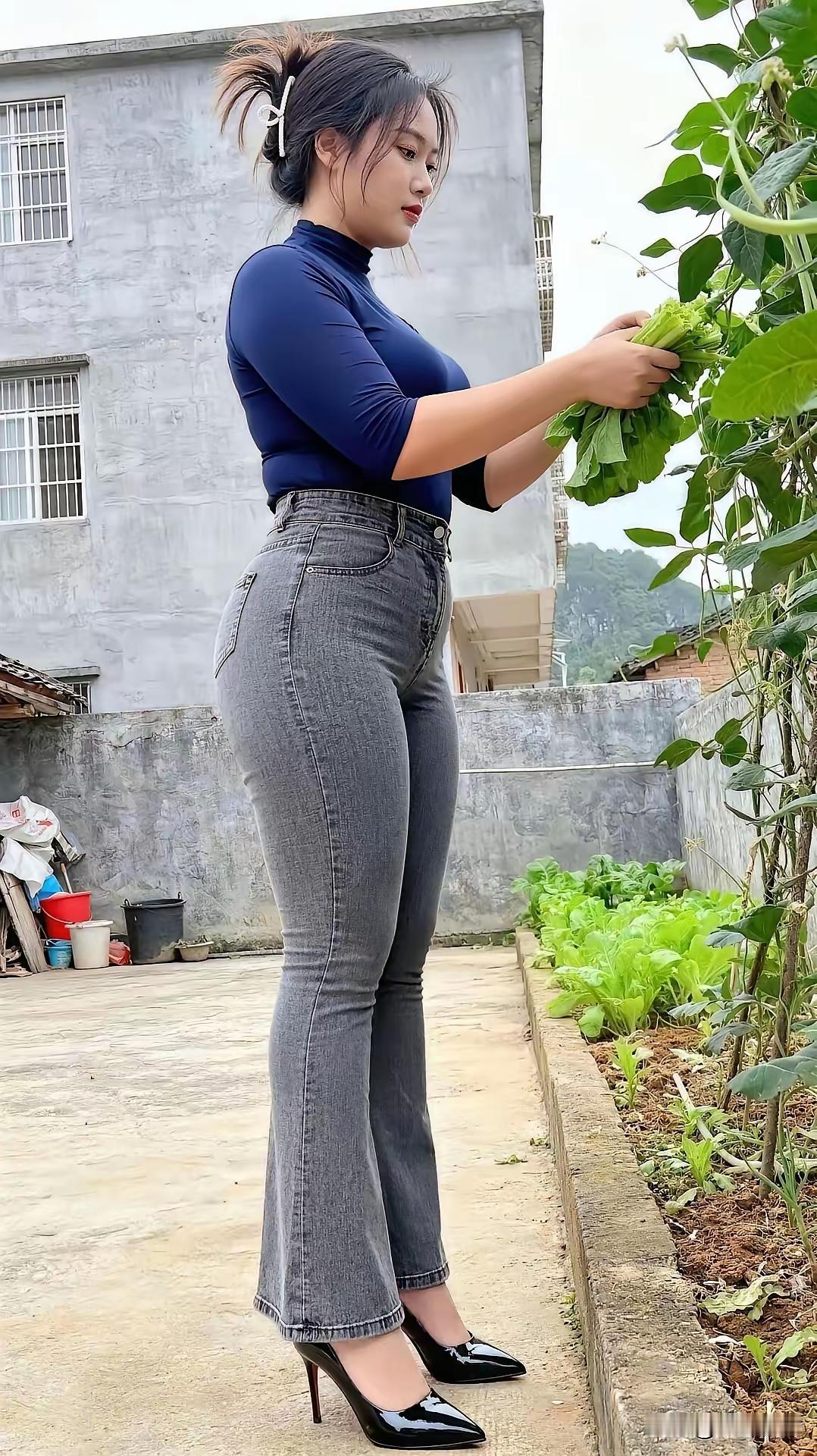 这位美女正在菜园摘菜呢。