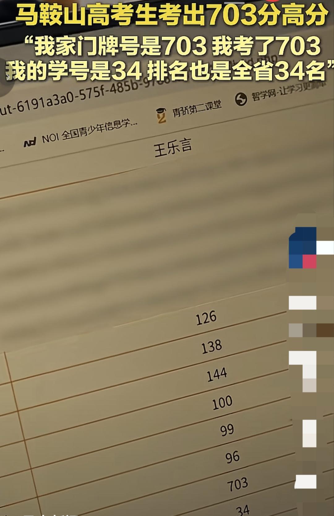 安徽马鞍山二中这位考生太牛了，不仅考了700多分，而且还有好多巧合。

在接受采
