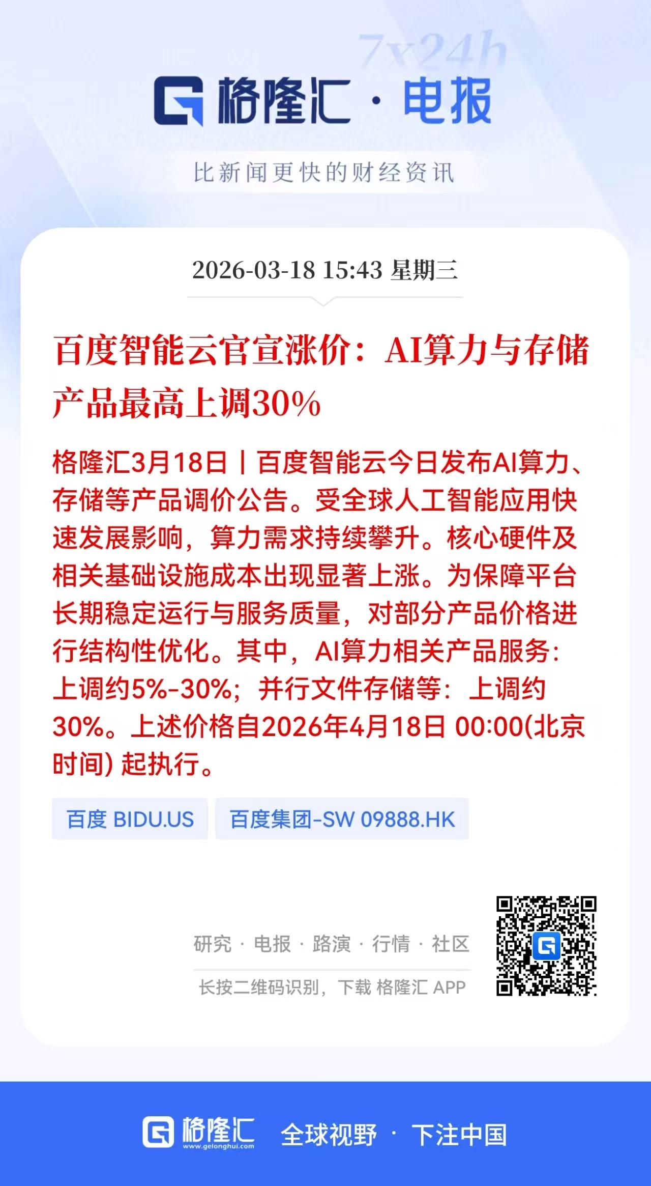 重大利好！百度大幅提价，明天又是算力的一天？

刚刚盘后百度智能云发布AI算力、