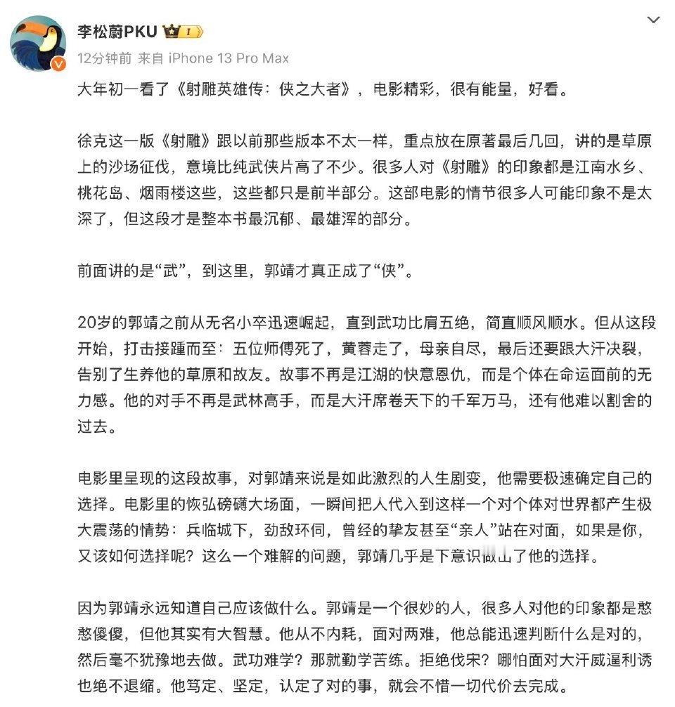 李松蔚评射雕英雄传精彩好看 论徐克执导，肖战领衔主演的《射雕英雄传侠之大者》有多