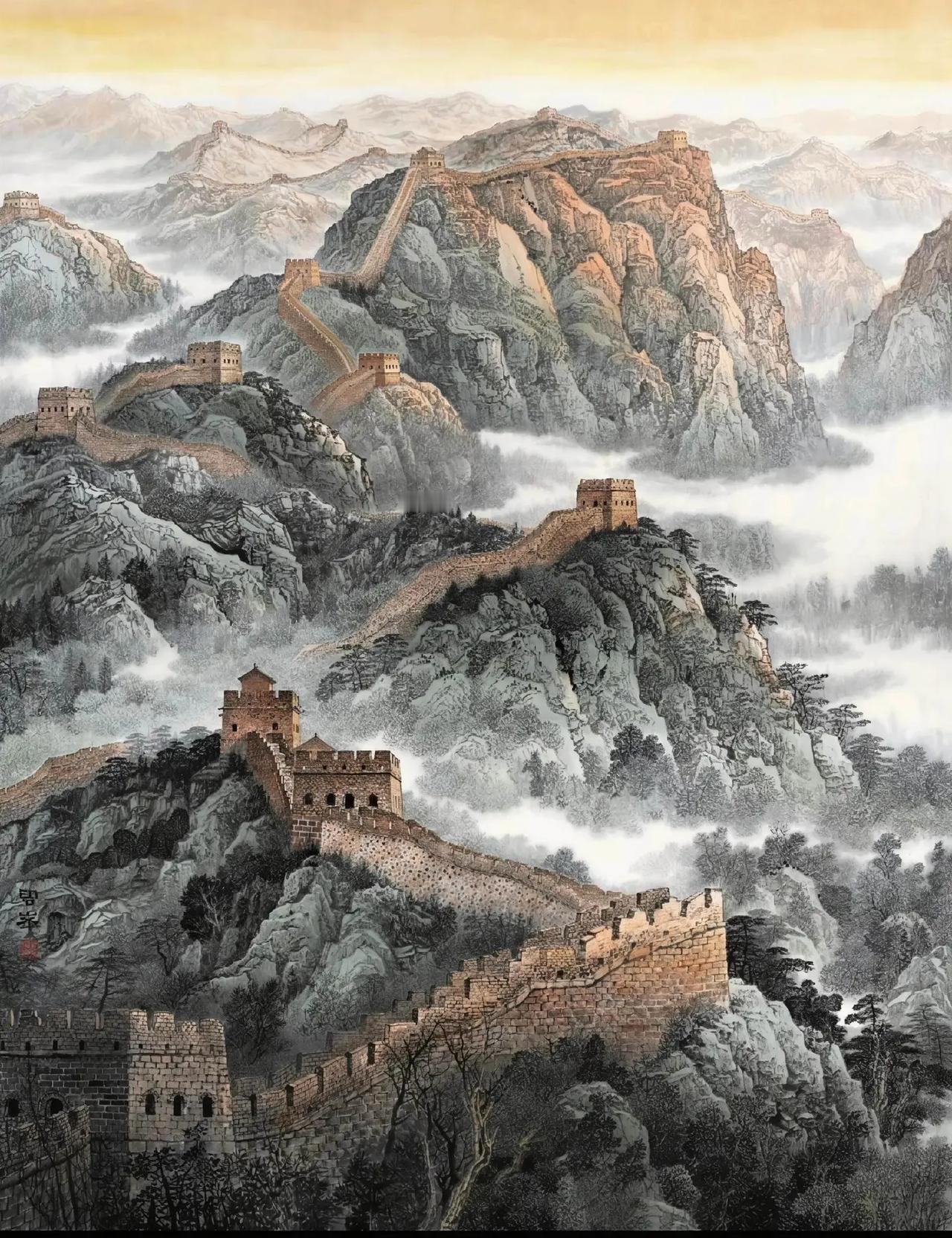 雄关云海。长城山水手绘国画作品 创作者中心 创作灵感 国画山水 纯手绘 尺寸：4