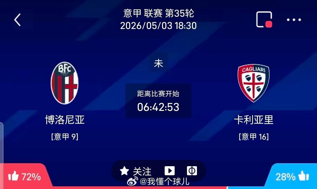【足球】周日004意甲方向：博洛尼亚vs卡利亚里意甲 博洛尼亚 VS 卡利亚里比