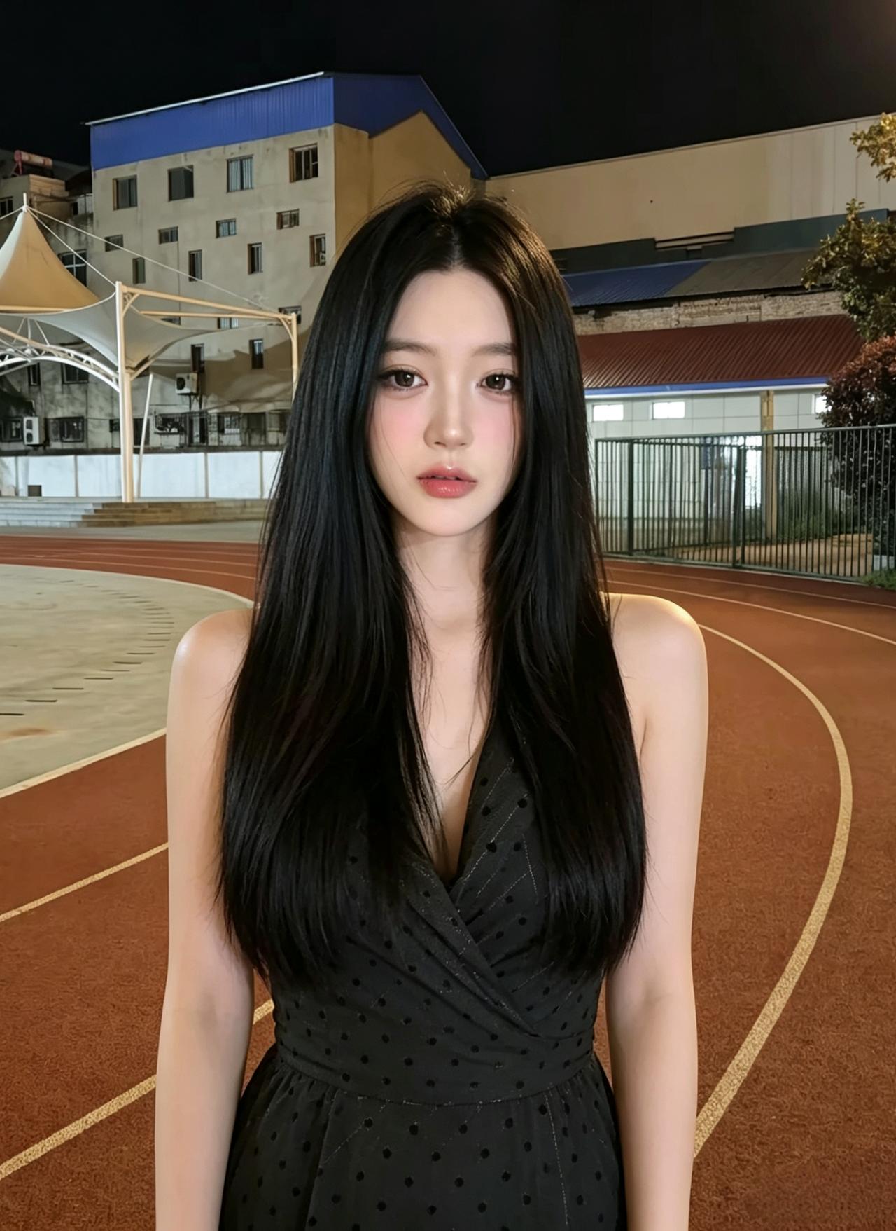 长发如云覆玉肩，轻裙雅致态悠然。
暮灯影里容颜绝，恍若星辰落身边。