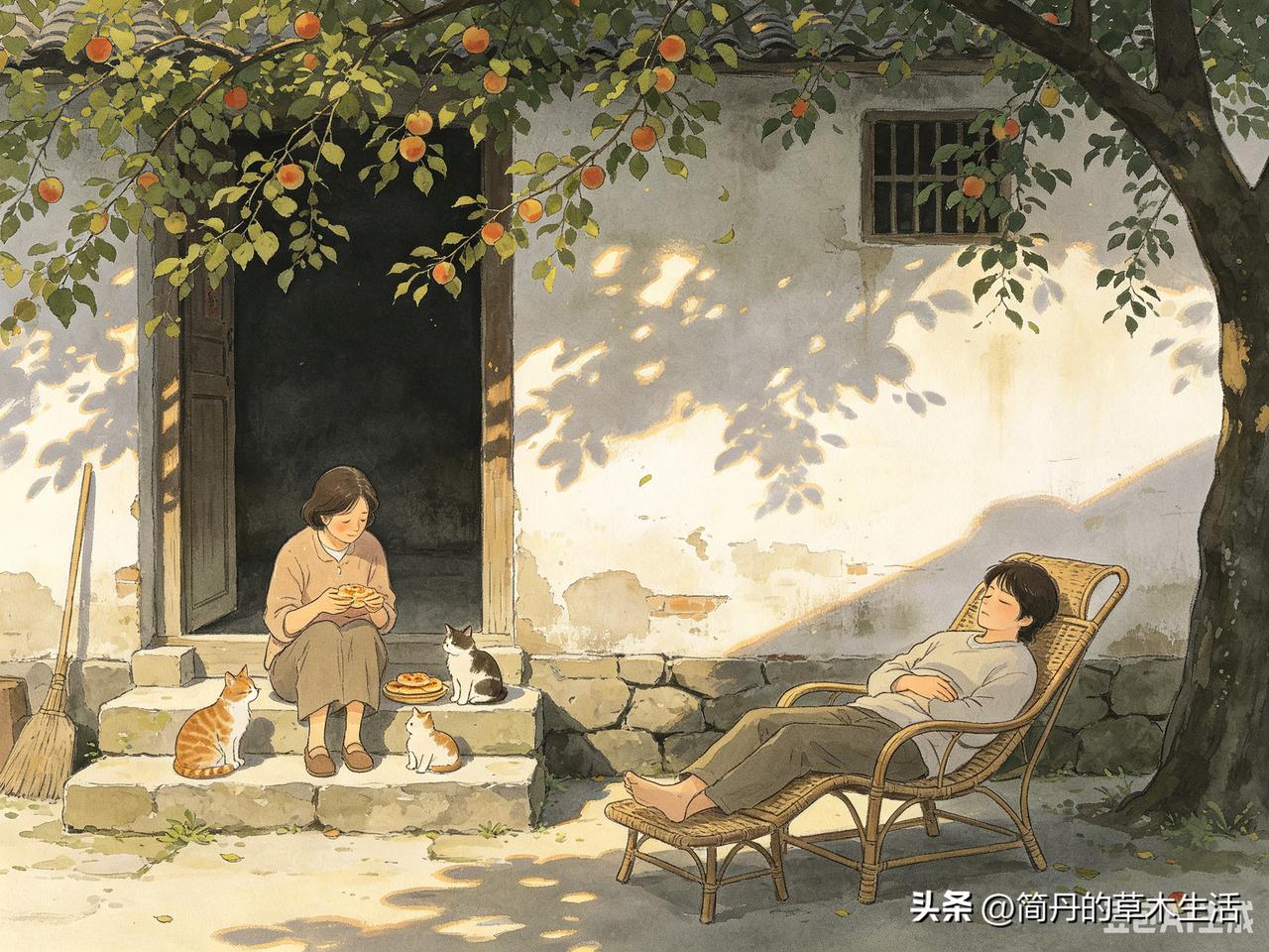 风吹过树叶
轻轻摇着树上的苹果
妈妈小猫小狗
在大门口的杏树下
分吃一个烧饼
我