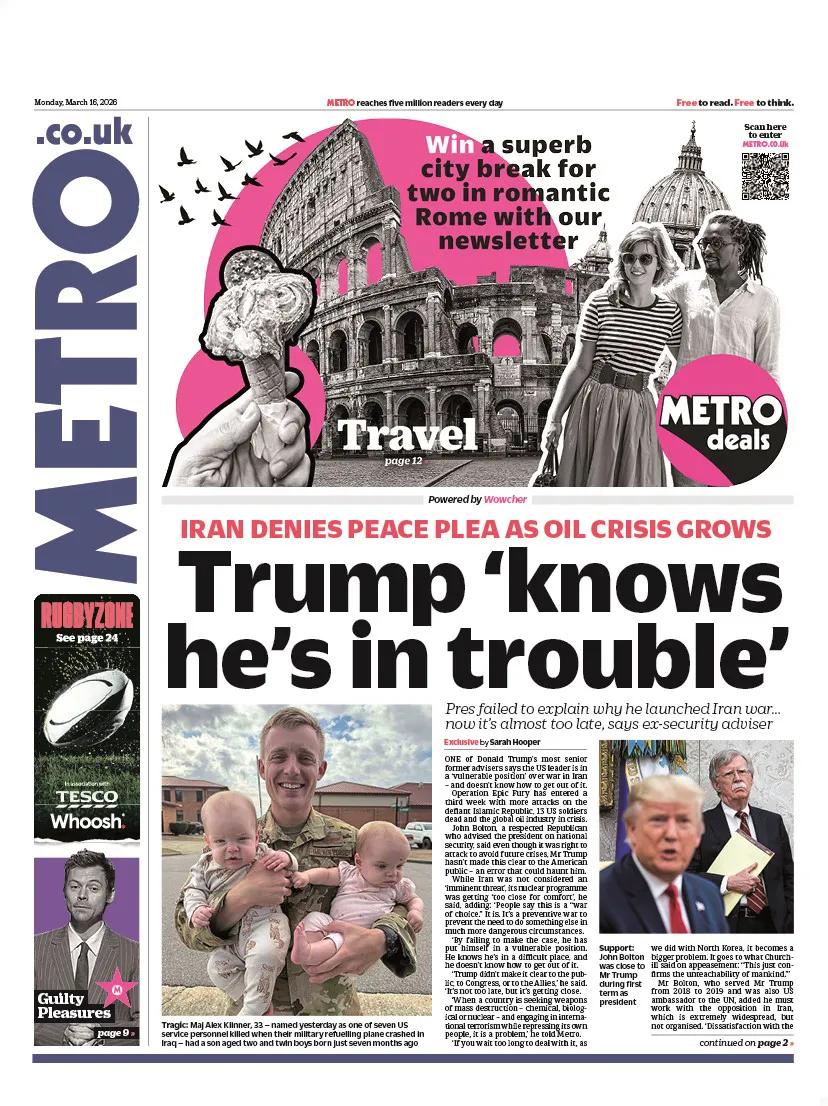 《地铁报》头版报道称，美国联邦政府总统唐纳德·特朗普处于“脆弱位置”，因为他没有