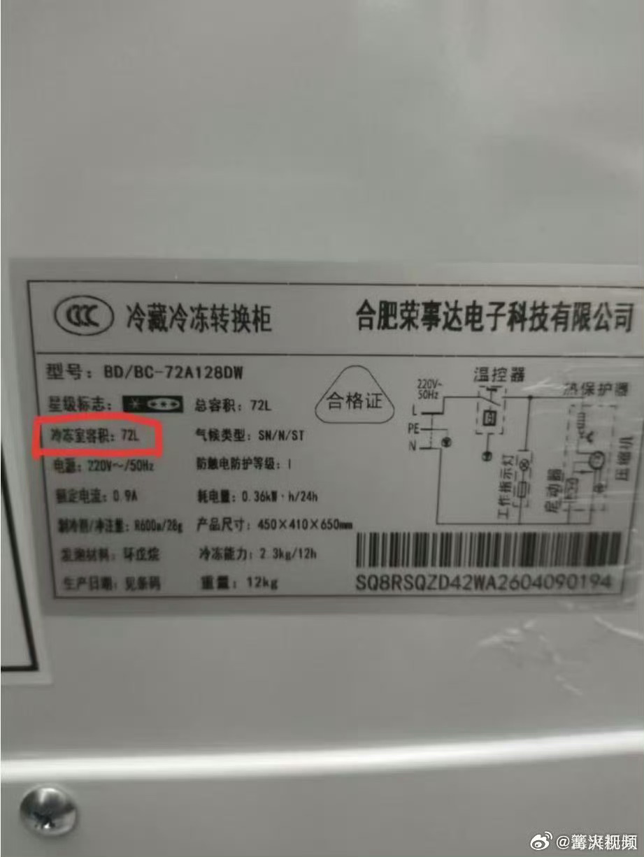 合肥女子买到荣事达缩水冰箱荣事达冰箱标注容积72升实际仅37升 近日，安徽合肥的
