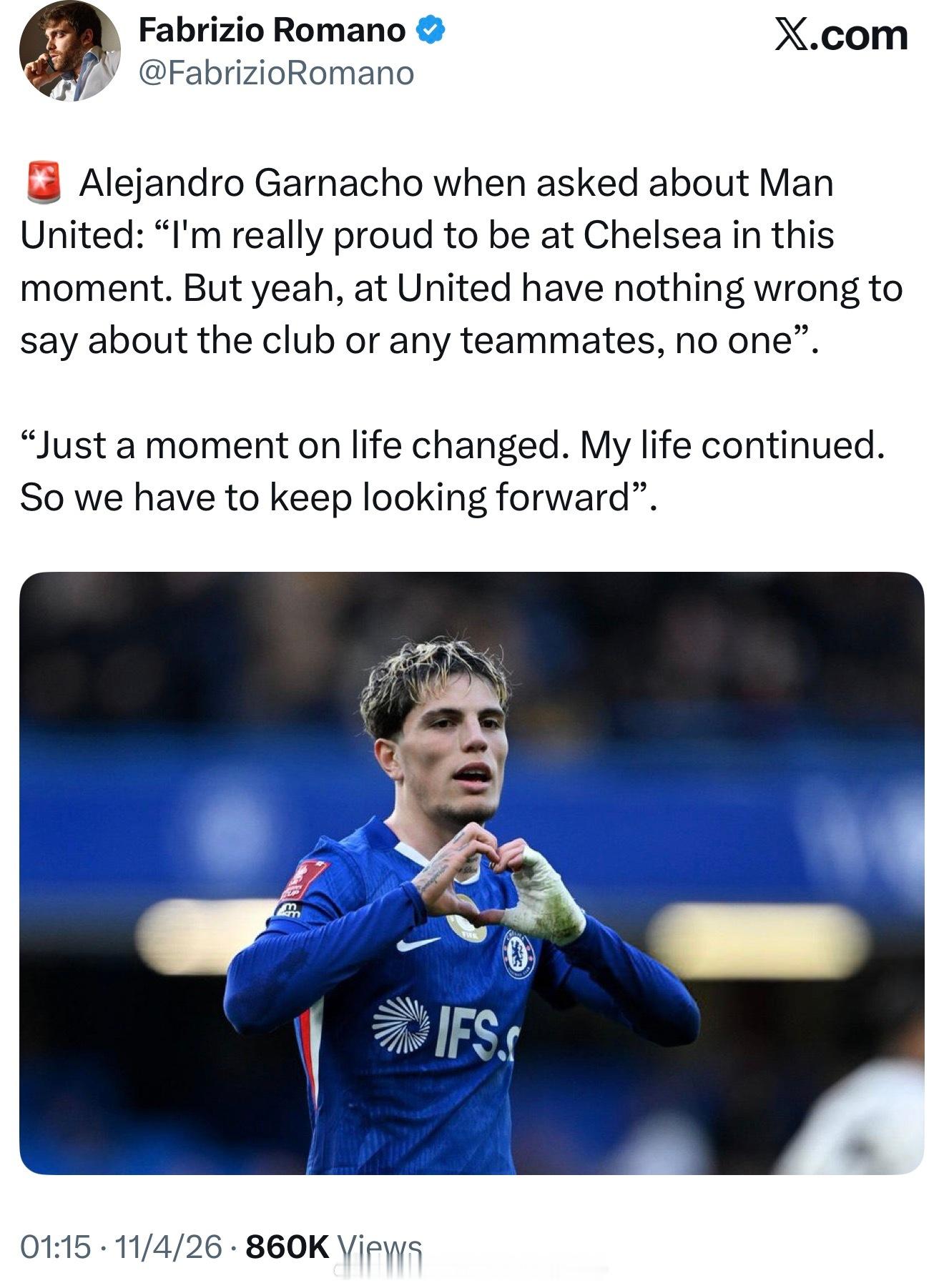 勇敢的加纳乔：我真得为此刻在效力切尔西而感到骄傲。当然对于在曼联的时光，我们之间