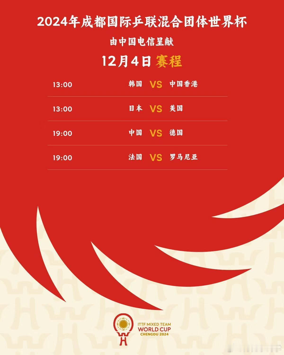 乒乓球混合团体世界杯  第二阶段赛程：12月4日 19：00 中国VS德国12月