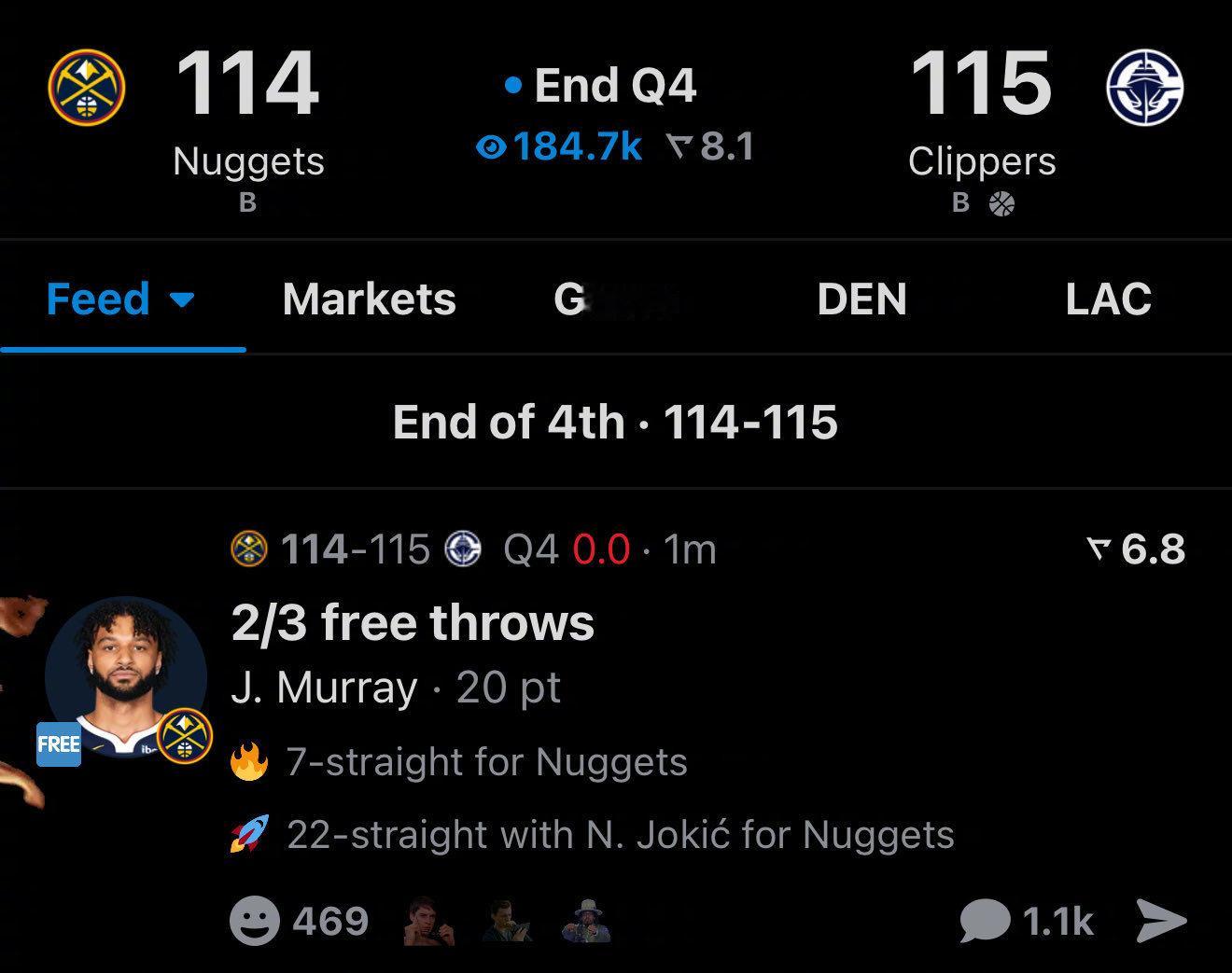 贾马尔-穆雷最后时刻3罚2中，掘金114-115惜败快船。这场球是有点可惜。 