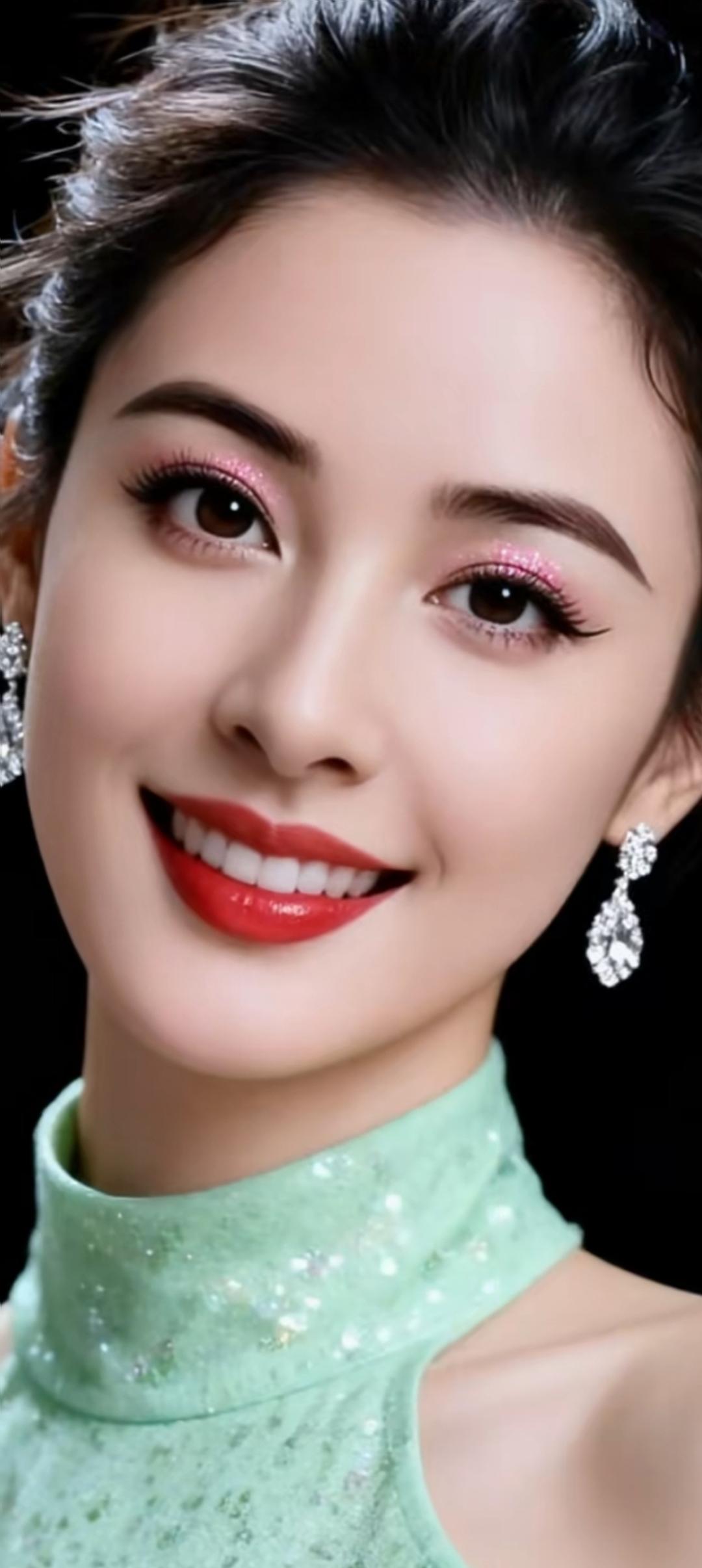 ✨闪亮眼妆✨ 💄 ✨红唇诱惑✨ 💋 ✨优雅绿衣✨ 👗 ✨闪耀耳环✨ 💎