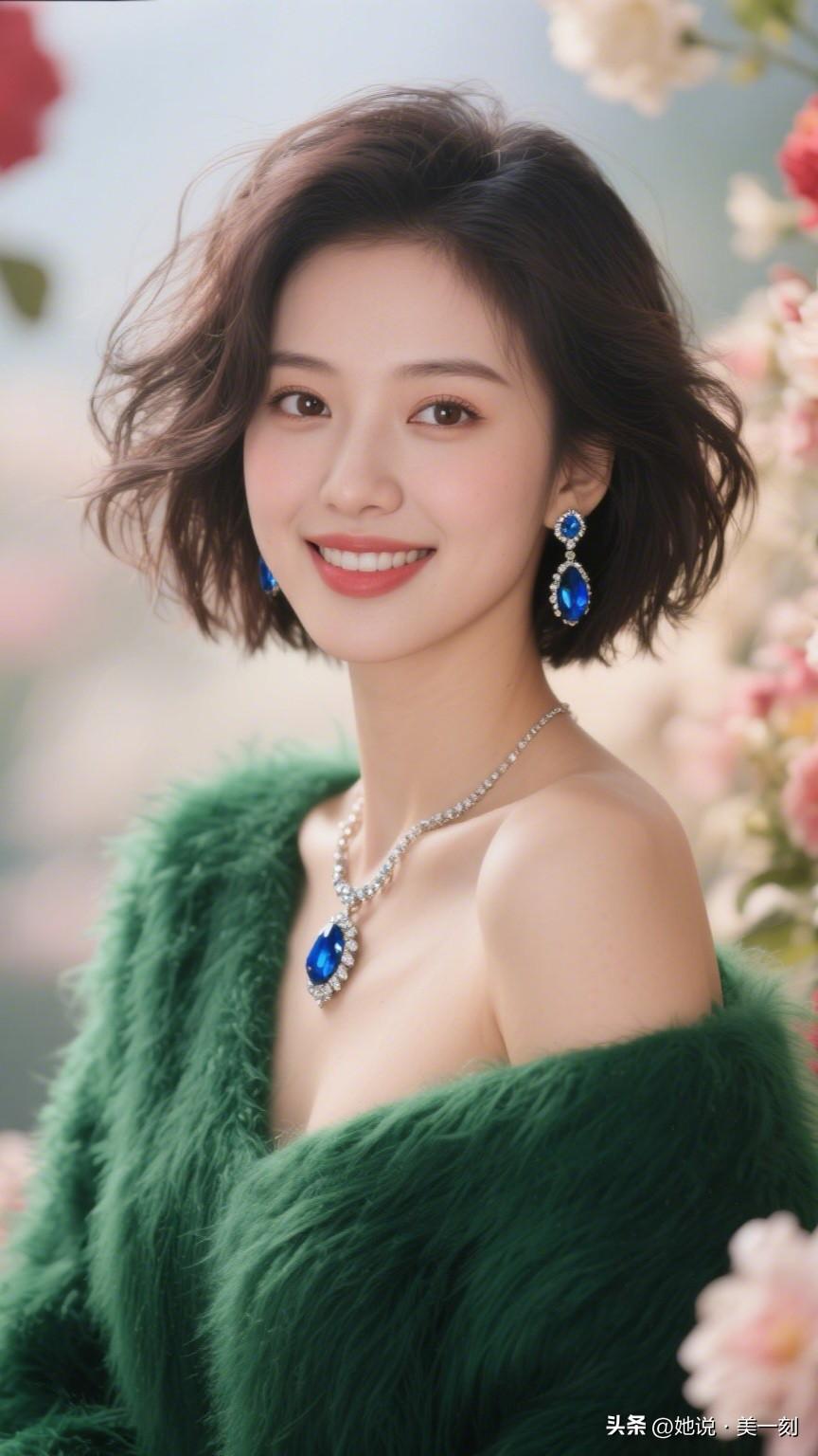 优雅绿绒外套，蓝宝石项链，甜美笑容，花海中的仙女。女人最耐看的长相是什么样的