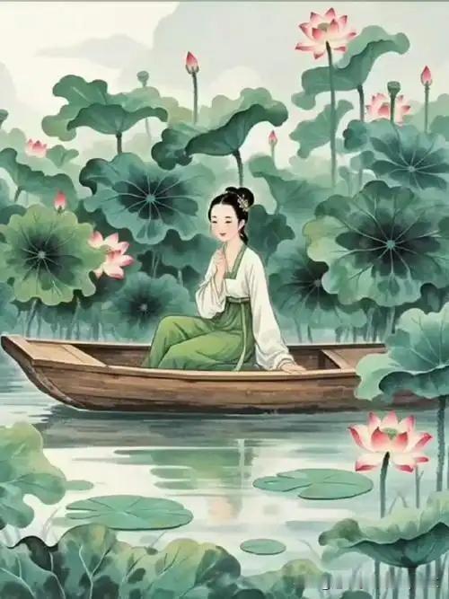 《忆王孙·仲夏即事》
——清.方彦珍
当空红日暑增炎，
小艇深湾清沼边，
女伴相