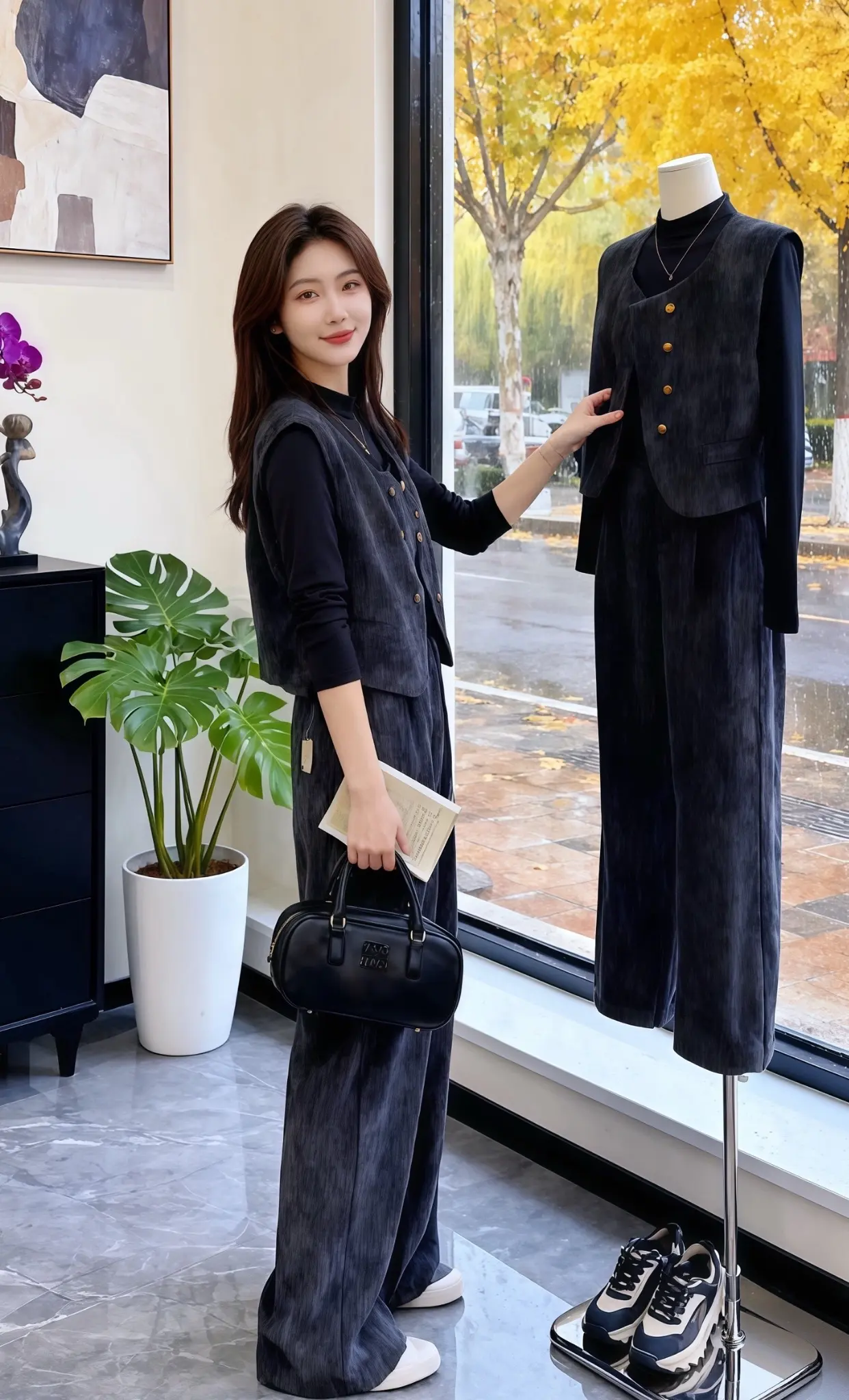秋日的雨丝缠绵，许妍站在女装店的落地窗前，指尖轻轻拂过身上这套灰调套装...