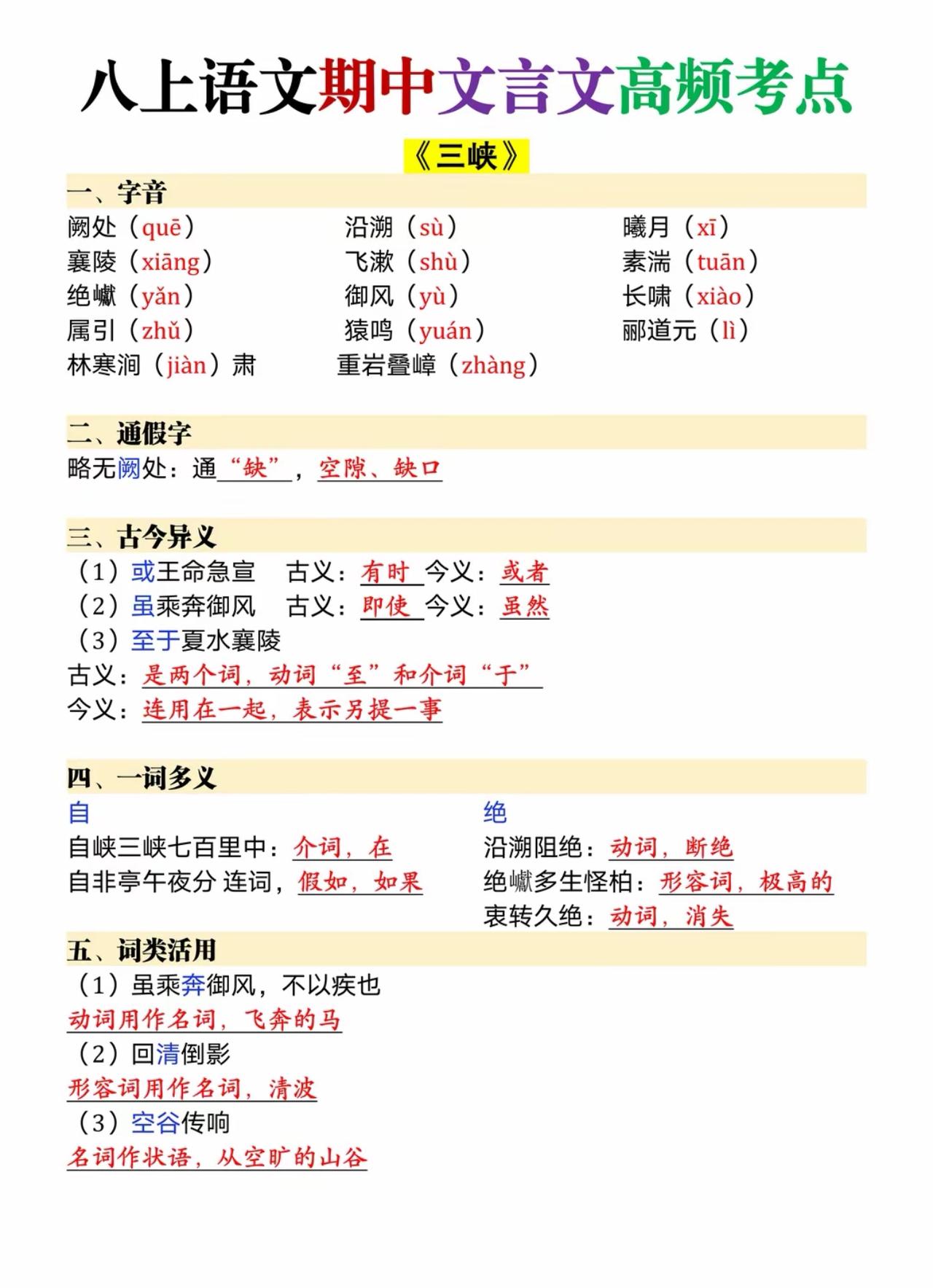 八上文言文期中考点