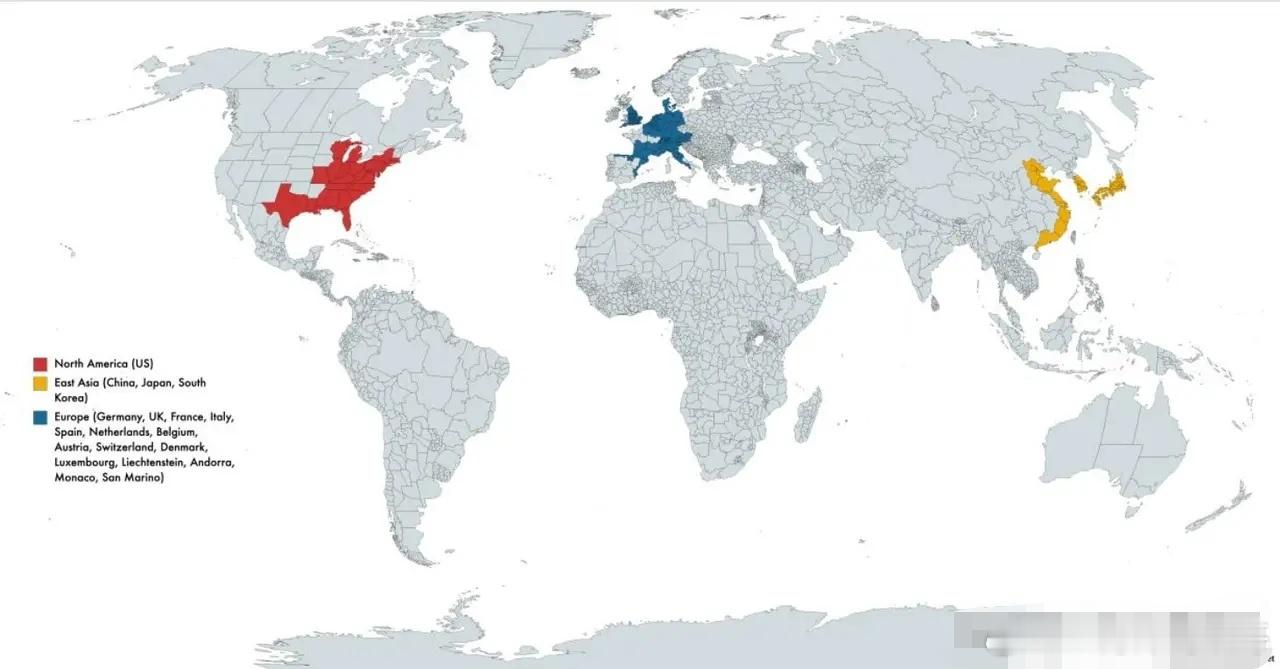 谁能想到，标记颜色的这几块区域，GDP占了世界的一半多！ ​​​