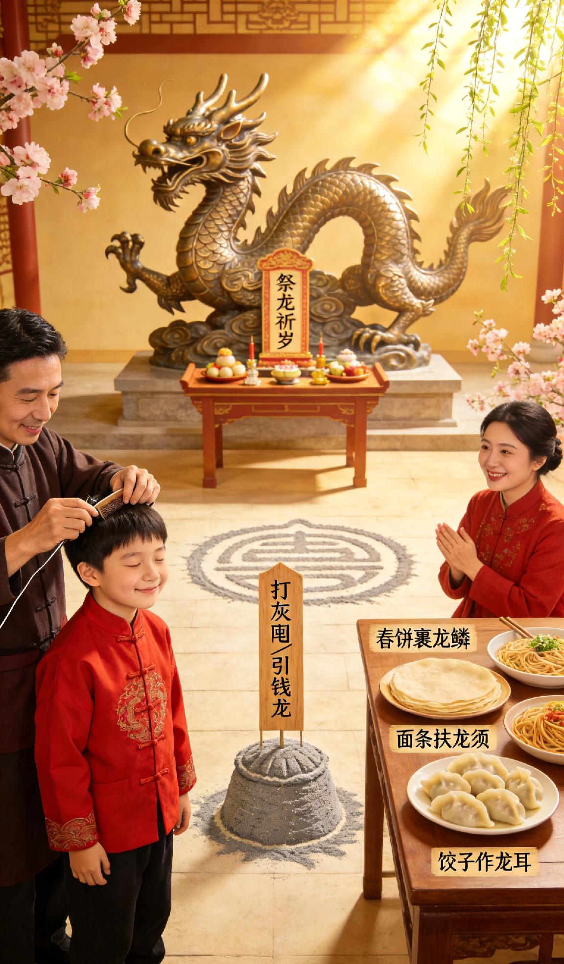 ✅剃龙头：剪去旧岁烦忧，鸿运当头，一年精神满满
✅吃龙食：春饼裹龙鳞、面条扶龙须