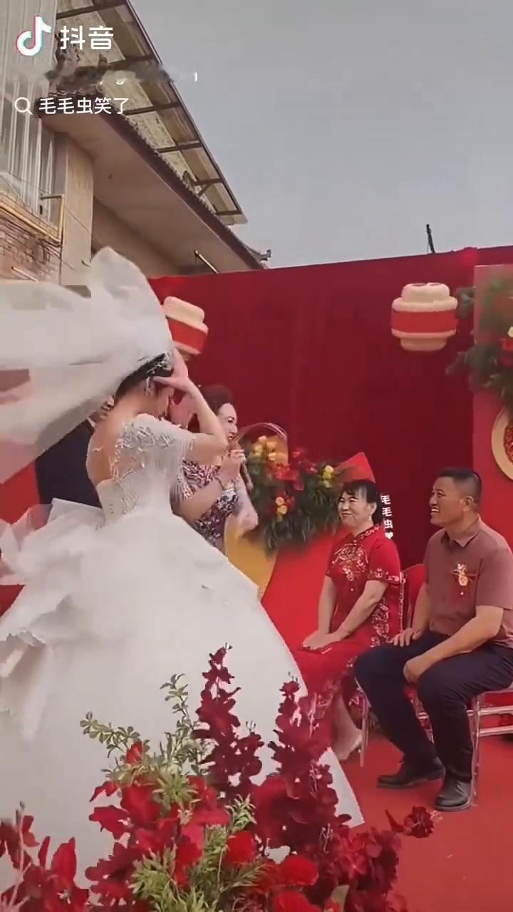 大风刮的娘家人跑光了，新娘哭了。
毛毛虫笑了。