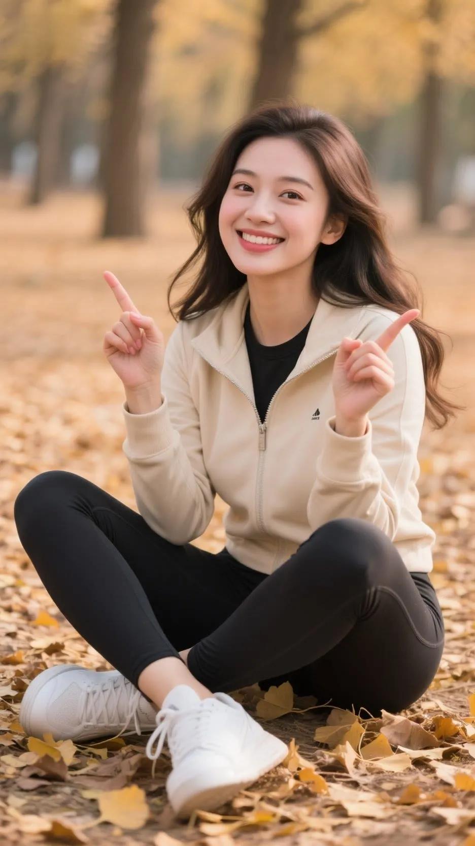 秋日暖阳下的微笑，与落叶共舞的美好时光。🍂😊