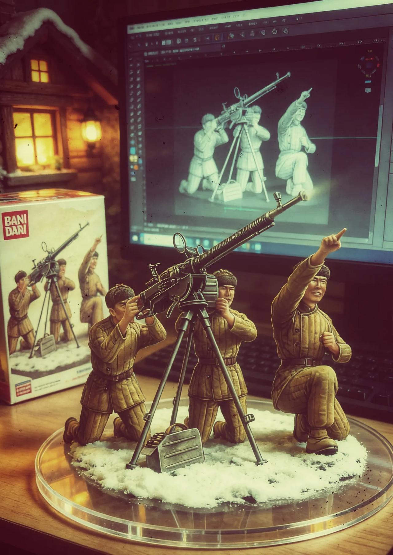 冰天雪地中，志愿军高射机枪三人小组对空射击。