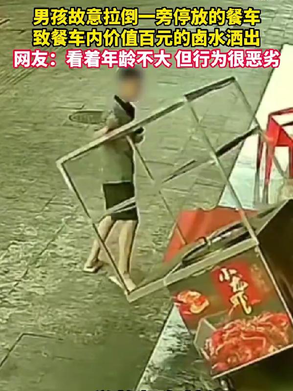 小小年纪，心肠怎么就那么坏呢！

湖南某夜市街头，一个小男孩路过一家卤料店，看到