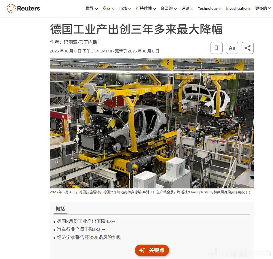 🔻德国工业产值暴跌：创三年多来最大降幅。🔻德国8月份工业产值下降4.3%🔻
