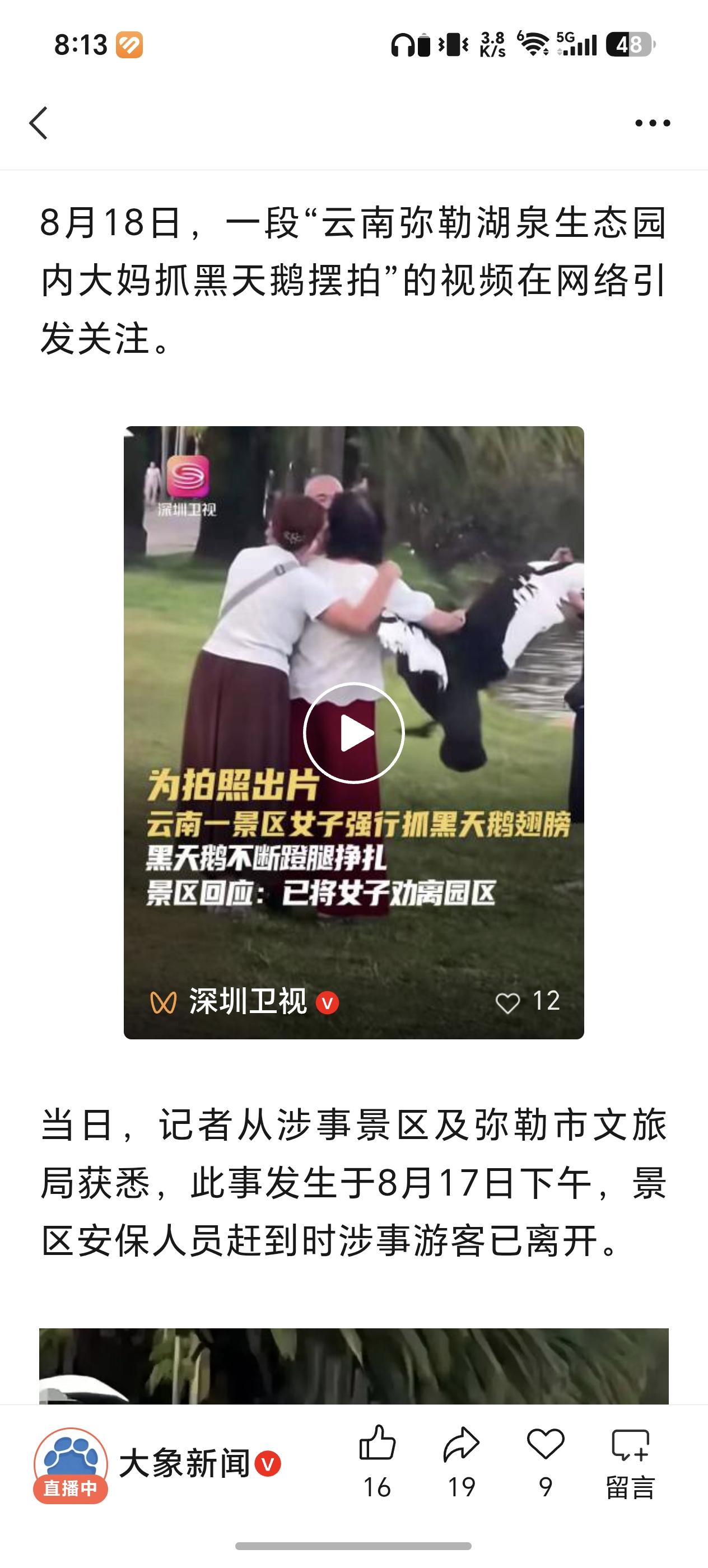 一群大妈去云南旅游暴力抓拍，真抓着黑天鹅拍照，景区工作人员没有执法权，管不了，动