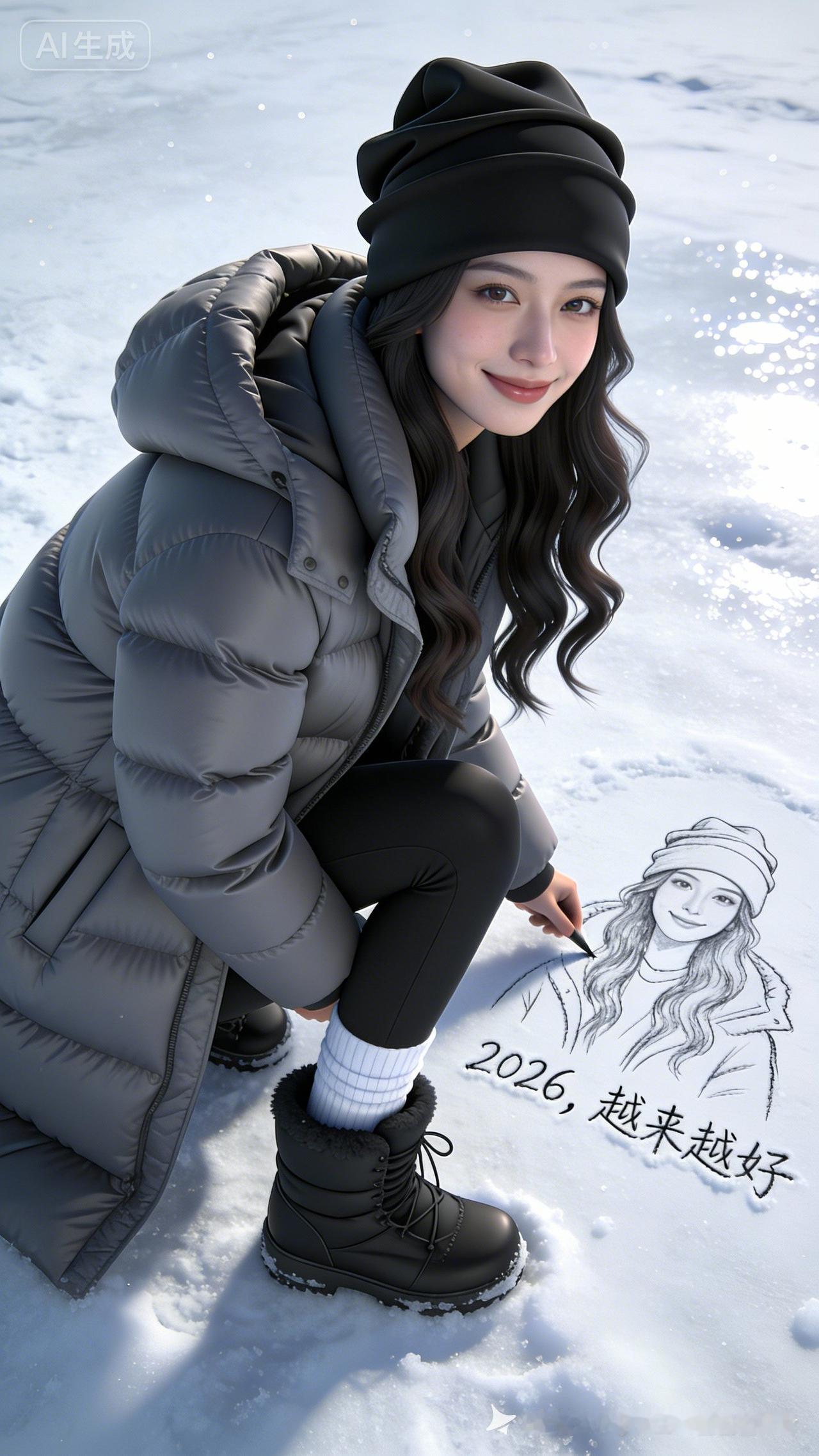 冬日暖阳下，雪地里的可爱女孩，2026，越来越好！🌨️💕