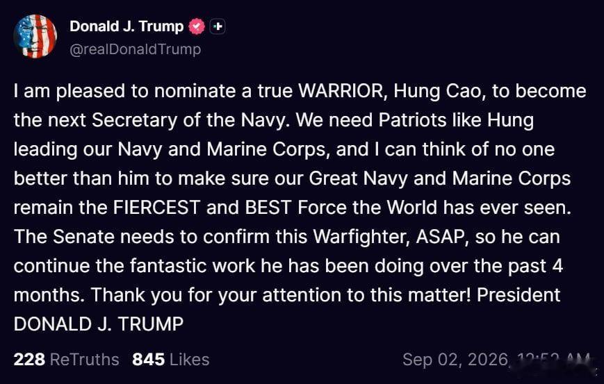 特朗普提名越南裔海豹突击队员Hung Cao（他爹以前是南越财政部长）为海军部长