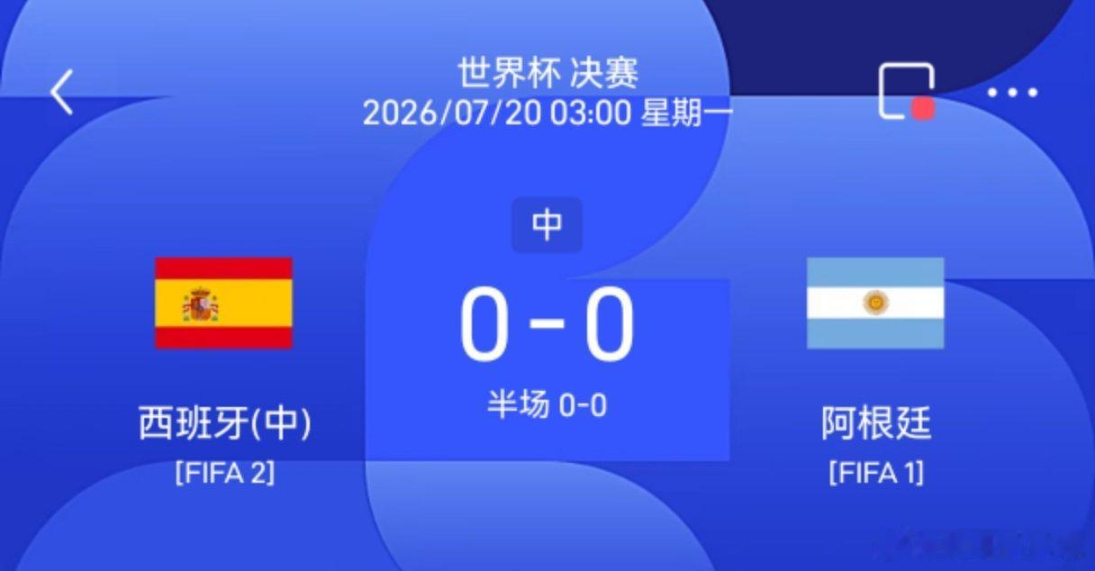 西班牙vs阿根廷07月20日讯 26赛季世界杯决赛，西班牙迎战阿根廷。半场战罢，