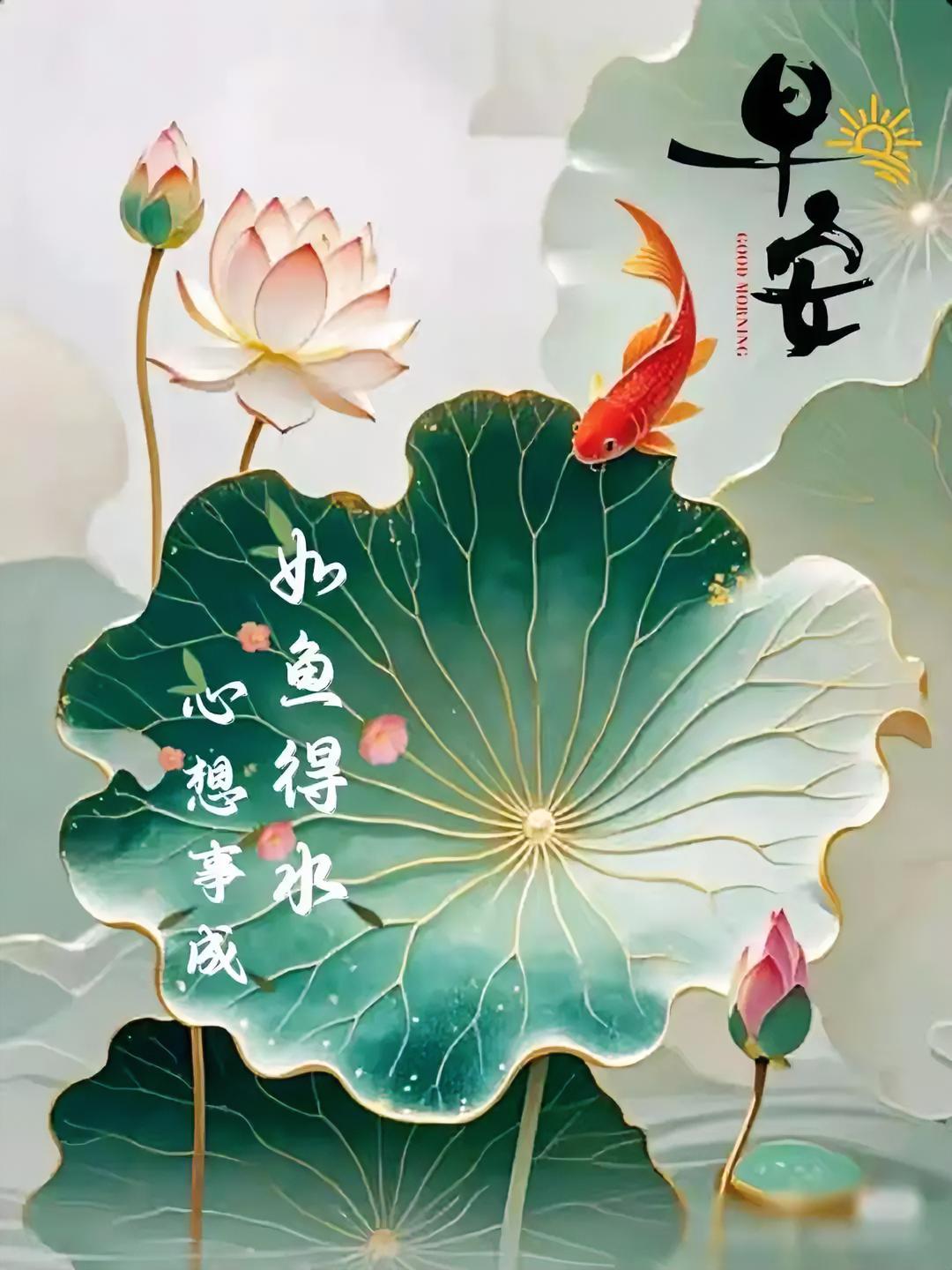 早安！如鱼得水，心想事成，愿你今日顺遂无忧，好运连连，美梦成真！
来张早安图片