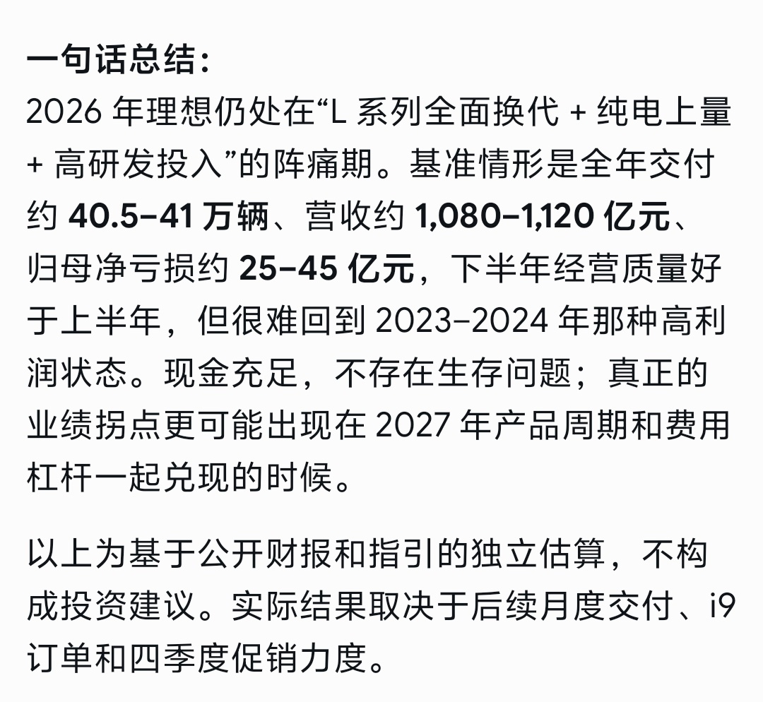 理想汽车二季度营收257亿元Grok预测理想汽车2026全年业绩- ​​​