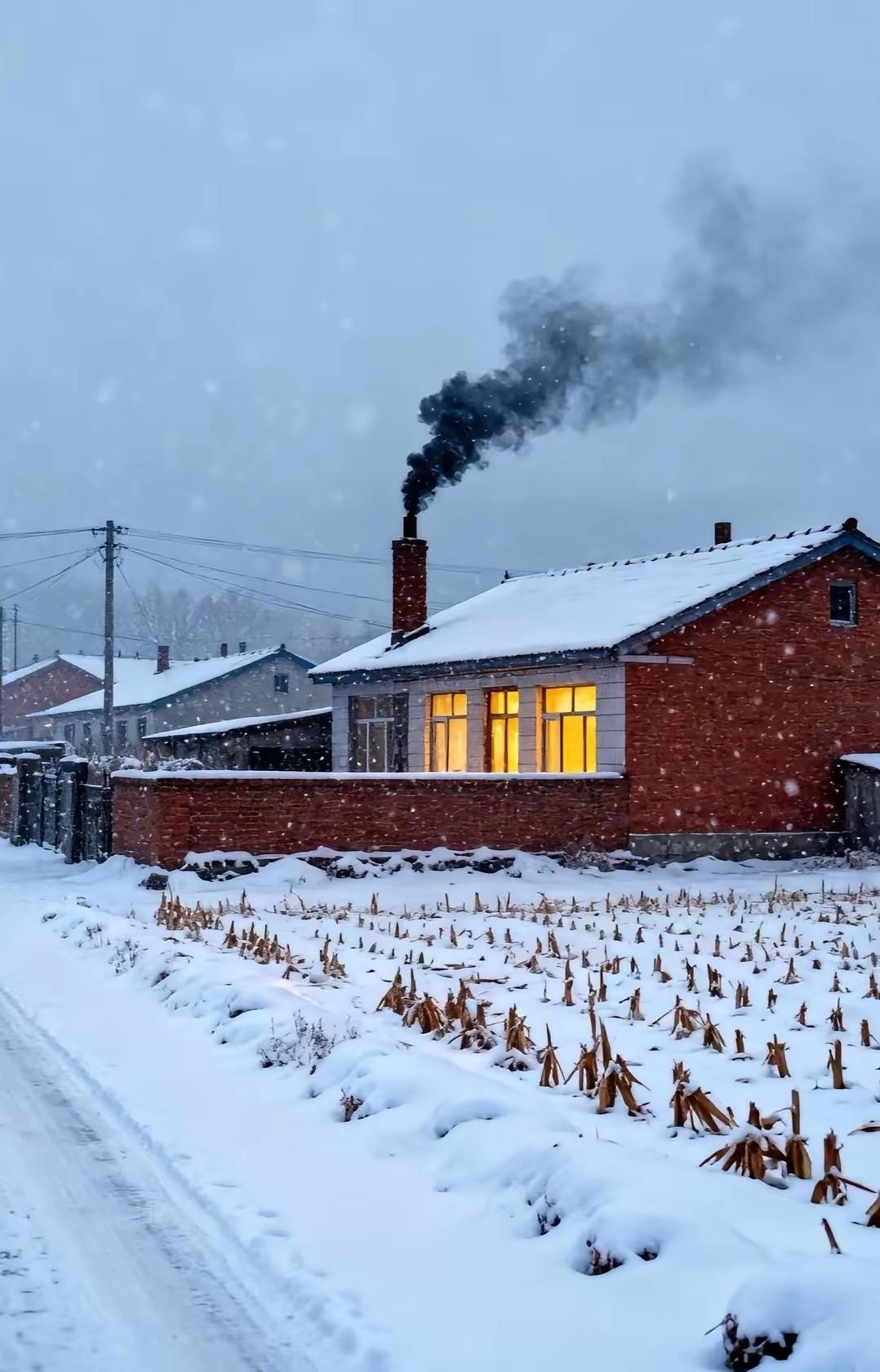 冬日乡村的宁静与温馨，烟囱冒出的炊烟，狗儿在雪地中漫步，岁月静好。