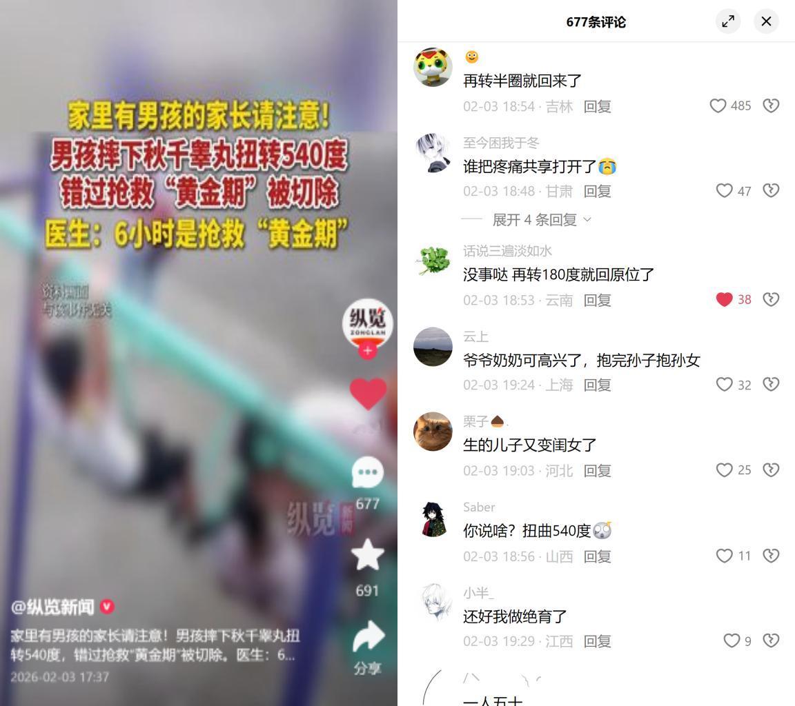 睾丸扭转被切除，留言里却在玩梗

西安一个男孩摔秋千致睾丸扭转540度，错过
