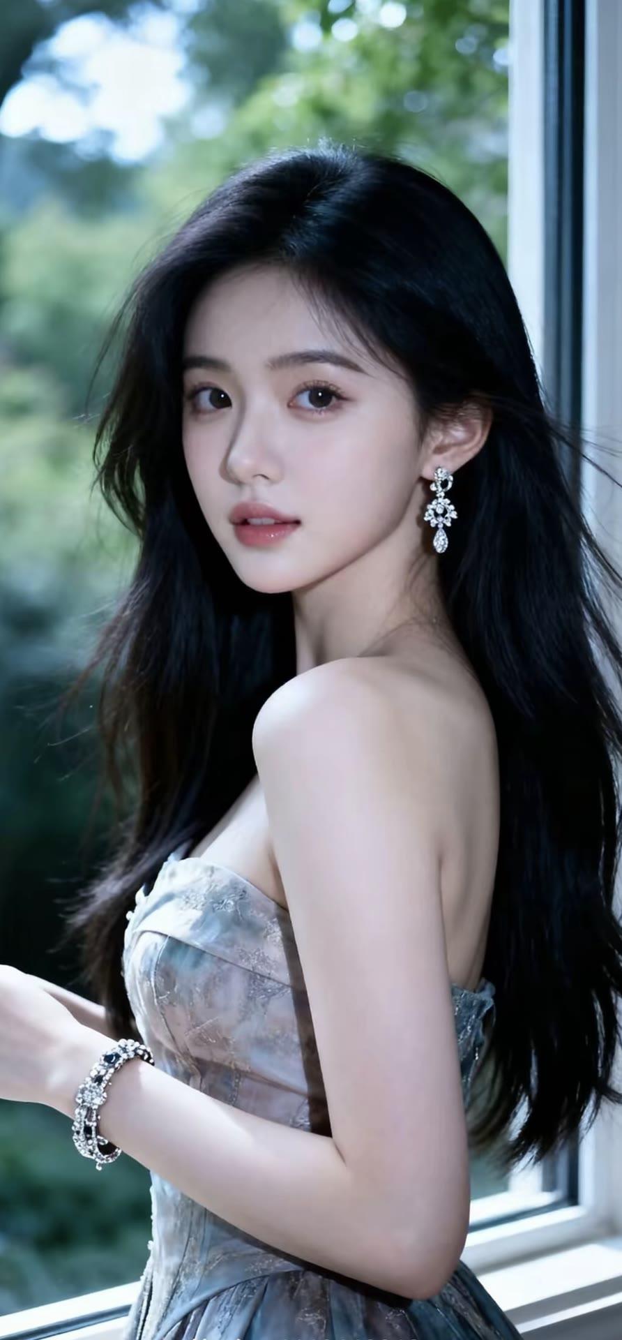 优雅黑发美人，复古耳环与发丝相映成趣，静谧时光里的动人瞬间。